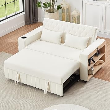 61.4" Pull-Out Sofa Bed Convertible Couch Loveseat Sofa Modern Sleeper Sofa with Adjustable Backrest for Living Room, Beige