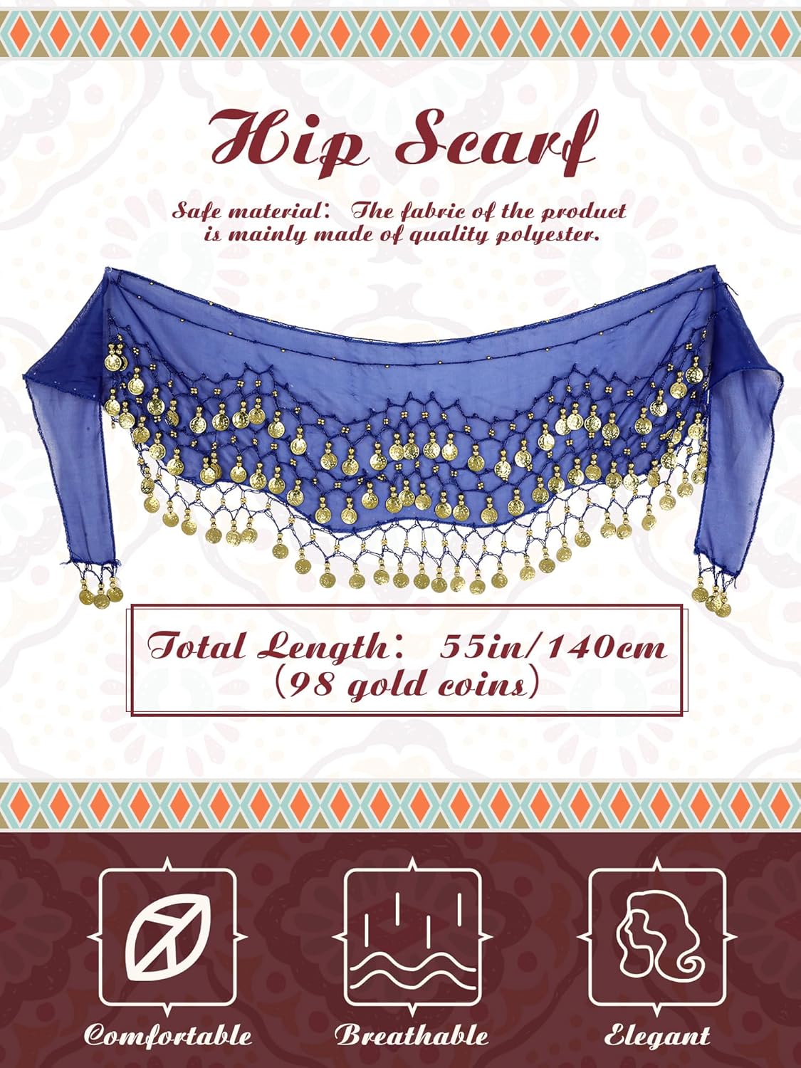 Gypsy Costume Women Belly Dancer Jewelry Hip Scarf with Coin, Gypsy Headpiece Gold Necklace Earrings Bracelets