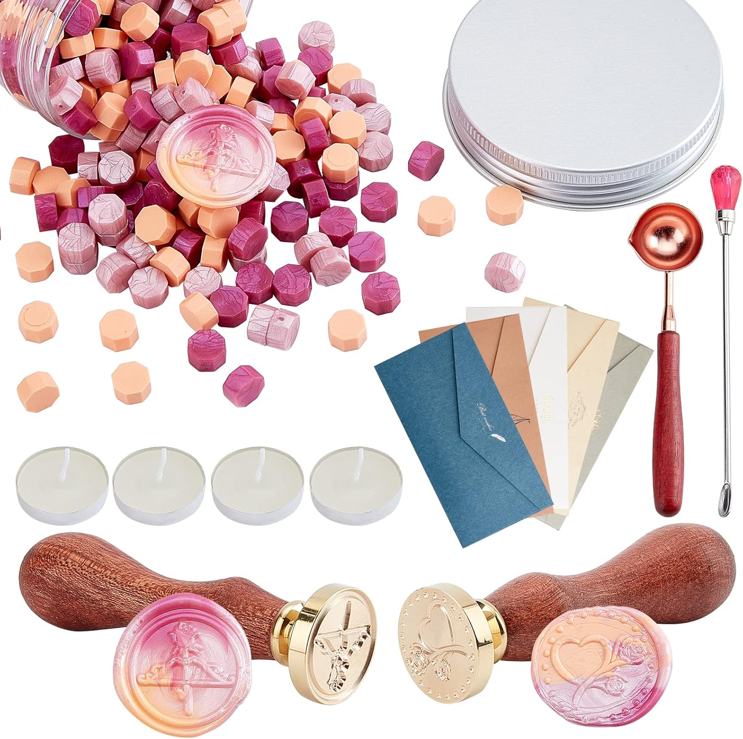 CRASPIRE Wax Seal Kit, 300pcs Sealing Wax Beads Set with 2pcs Wax Seal Stamp Heart,5pcs Envelopes,1pc Wax Spoon,1pc Stirring,4pcs Candles for Invitations Envelope Valentine's Day Gift(Colorful Series)