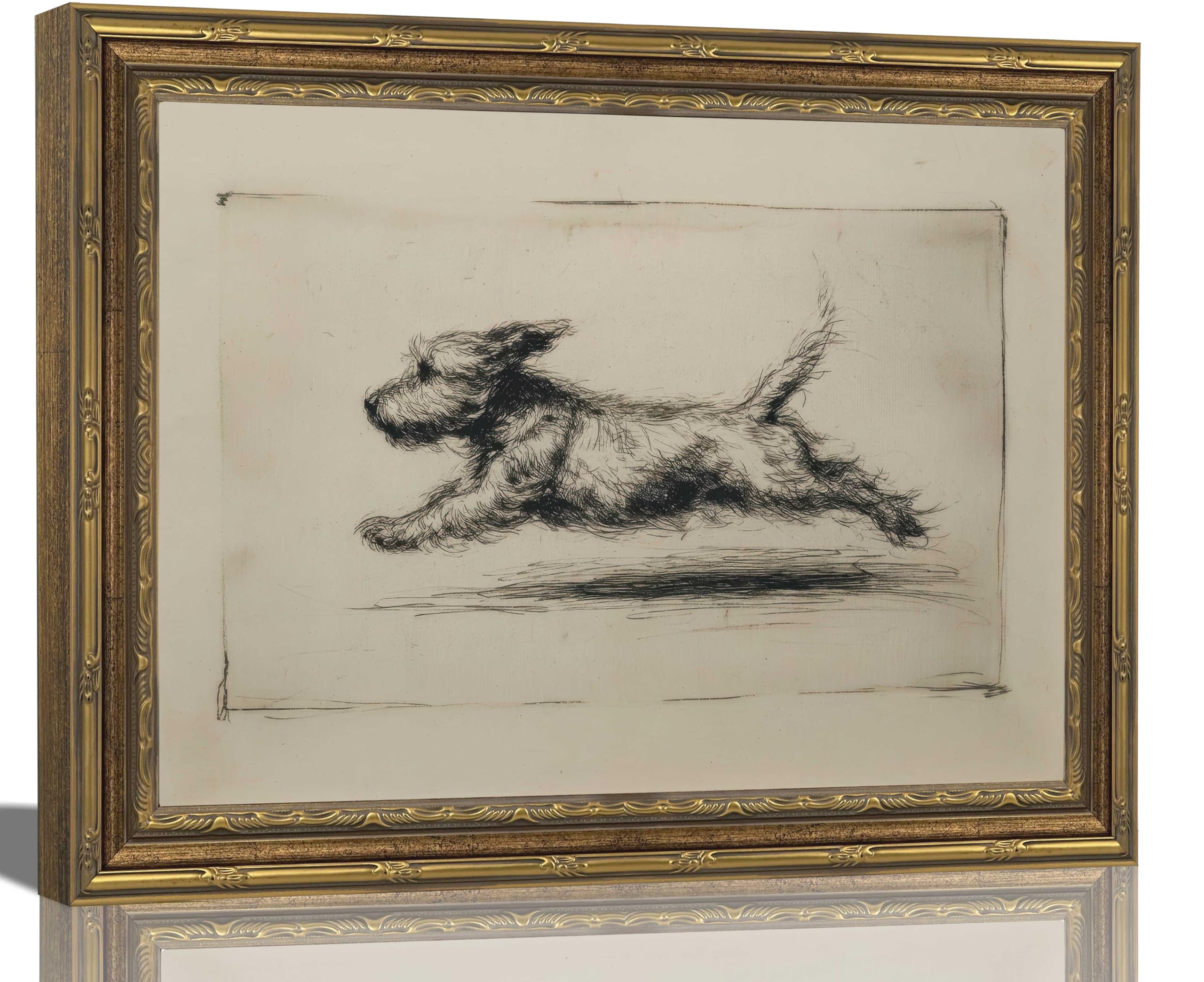 Vintage Gold Framed Wall Art Antique Terrier Sketch Wall Art Running Dog Wall Decor Picture Classic Minimalist Line Dog Poster Print for Living Room Bedroom 9x11in