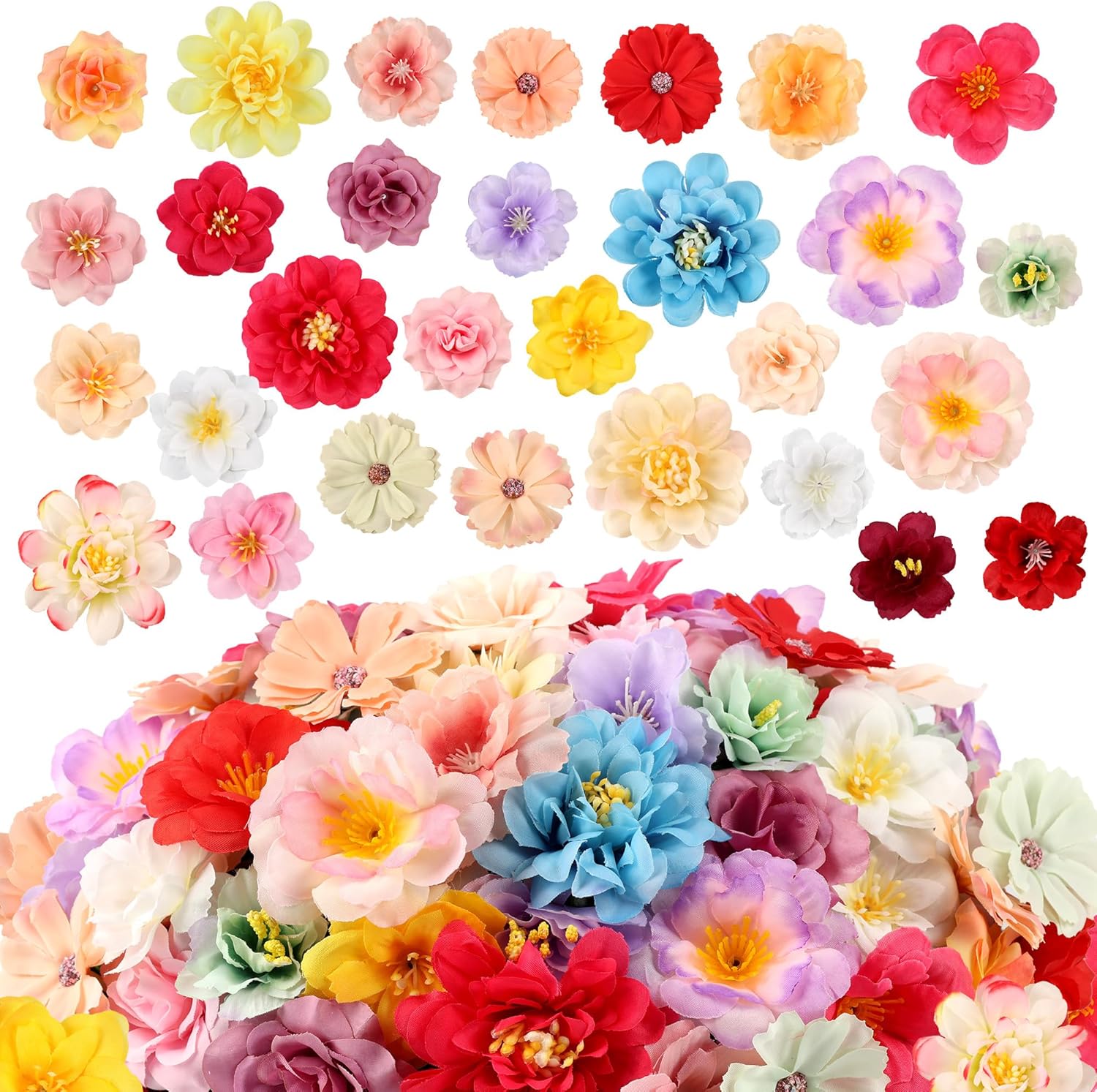 210 pcs mini silk flower heads small fake rose daisy faux flowers bulk for crafts artificial loose fabric flowers heads sunflower bulk for wedding hair cap dresses decorations (bright pink mixed)