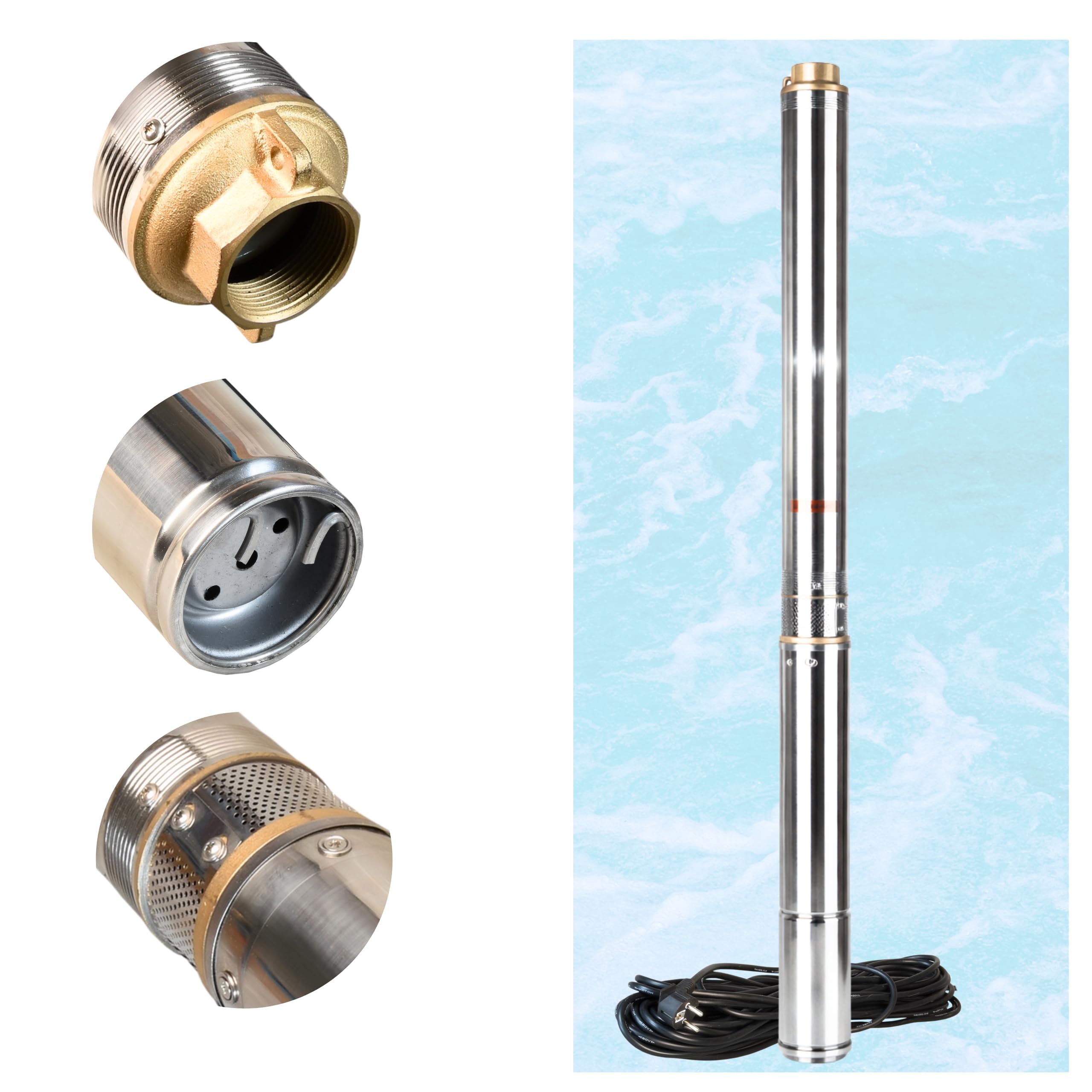 Tiefbrunnenpumpe Wasserpumpe 3.5" 4/20 (1500W 7200l/h max Förderhöhe 110m), Sandverträglich Edelstahl, Tauchpumpe Tauchbrunnenpumpe für Brunnen, Brunnenpumpe Ideal zur Bewässerung Wasser-Versorgung