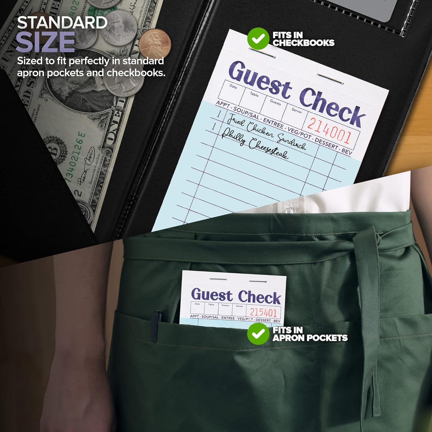 Stock Your Home Blue Guest Check Books for Servers (5 Pack) Server Note Pads, Waiter Checkbook, Food Receipt Book, Restaurant Order Pad, Paper Checks, Waitress Accessories, 250 Total Tickets