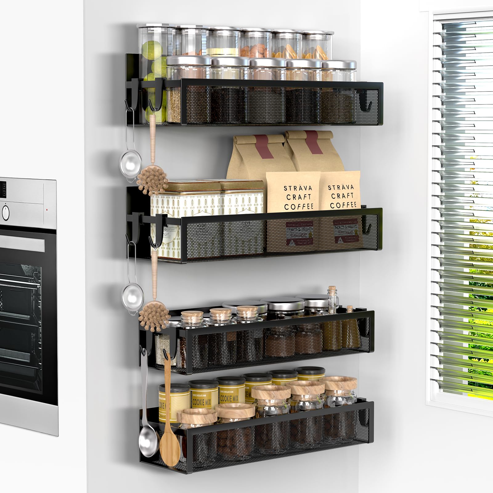 Averrex Magnetic Spice Rack for Fridge, 4 Pack Strong Magnetic Shelf with 8 Hooks, No Driling Kitchen Storage Rack, Metal Spice Organiser, Moveable Shelves for Home Kitchen Laundry Room