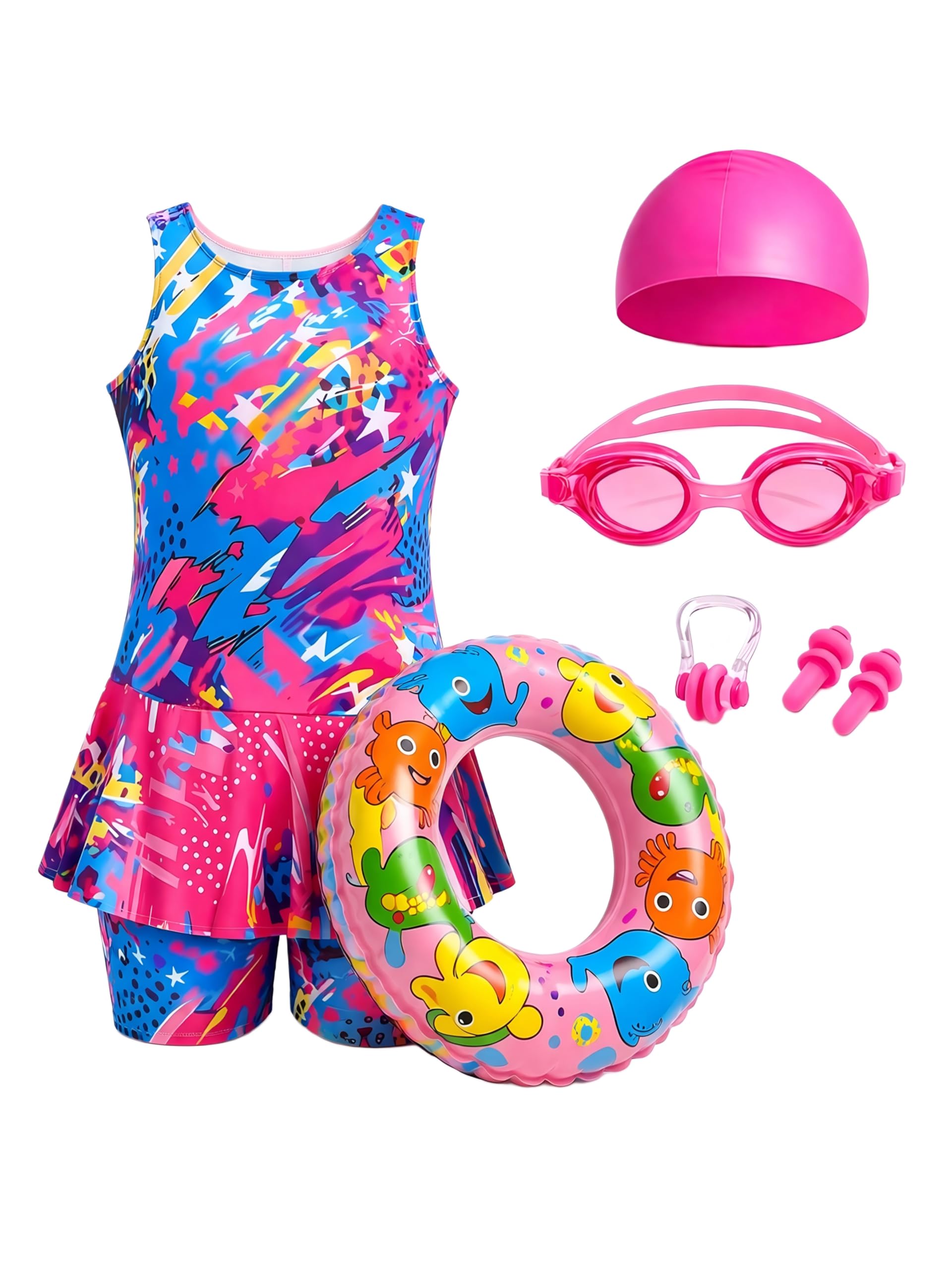 Girls Swimming Dress Combo Set with Cap, Goggles, Tube, Nose Clip and Ear Plugs | Girls Swimming Costume with Accessories | Age 2-13 Years-picture-24