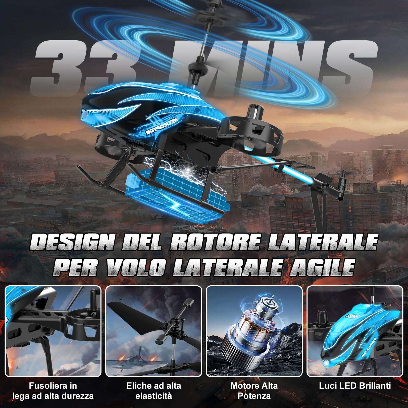 Charmofun Elicottero RC, Elicottero Telecomandato 2.4G con 7 Luce e 3 Batterie, 33 Minuti Volo, 4.5 Canali elicotteri Radiocomandat con Giroscopio, Aerei RC per Ragazzi Ragazze da 6+ Anni (Blu)