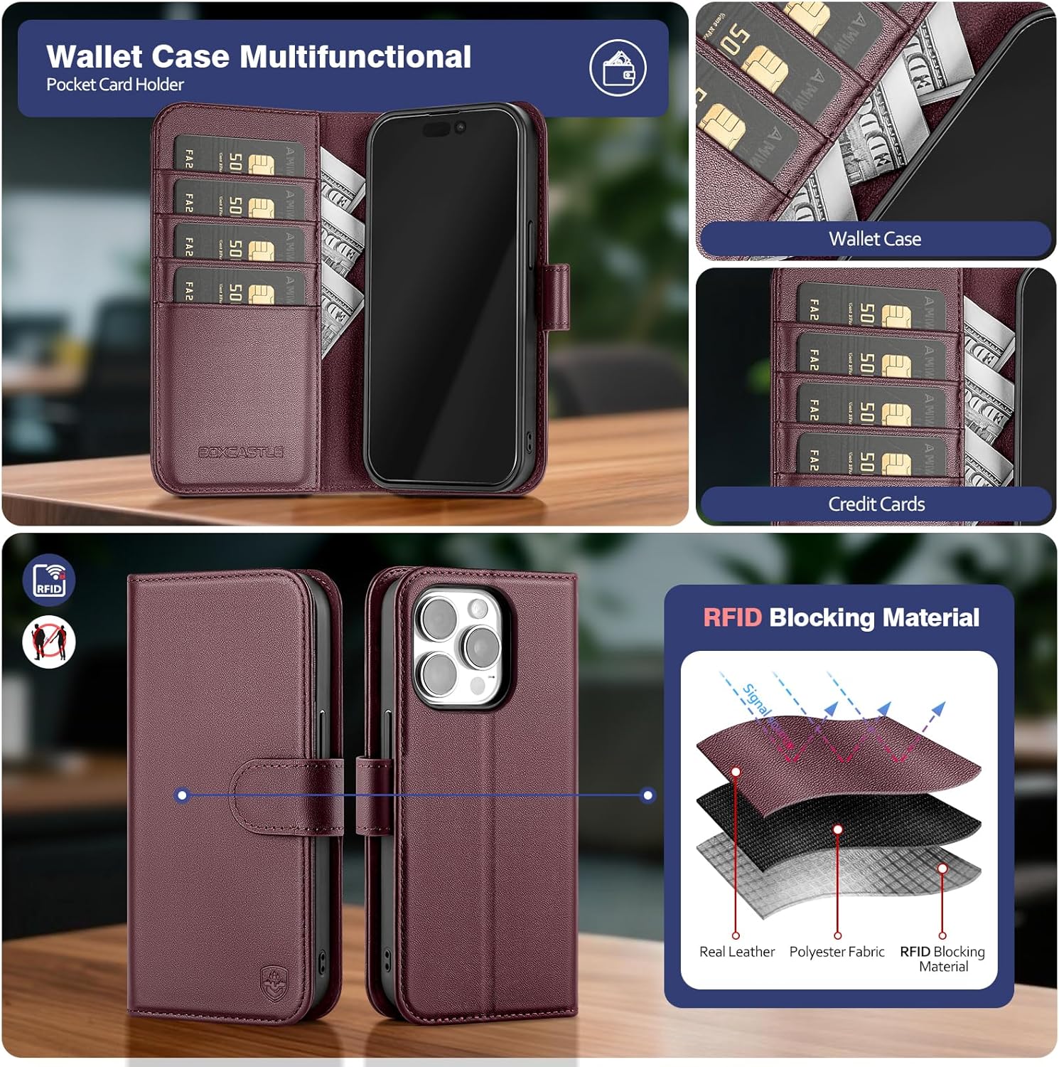Magnetic 2 in 1 Detachable Compatible with Magsafe iPhone 15 Pro Max Genuine Wallet Case with Card Holder,Women Men Leather Flip RFID Blocking Credit Card Slots Stand Phone Cover,Wine Red