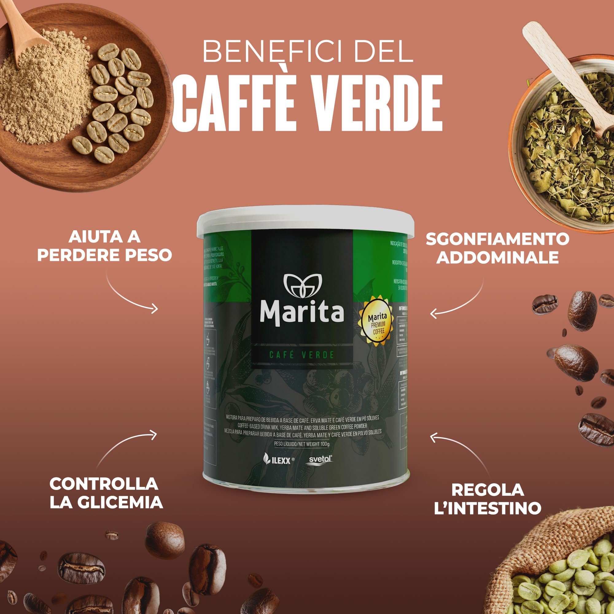 Caffè Marita Verde, caffè funzionale con effetto termogenico, supporta la regolazione intestinale e il controllo del peso, 100 g, fino a 40 dosi