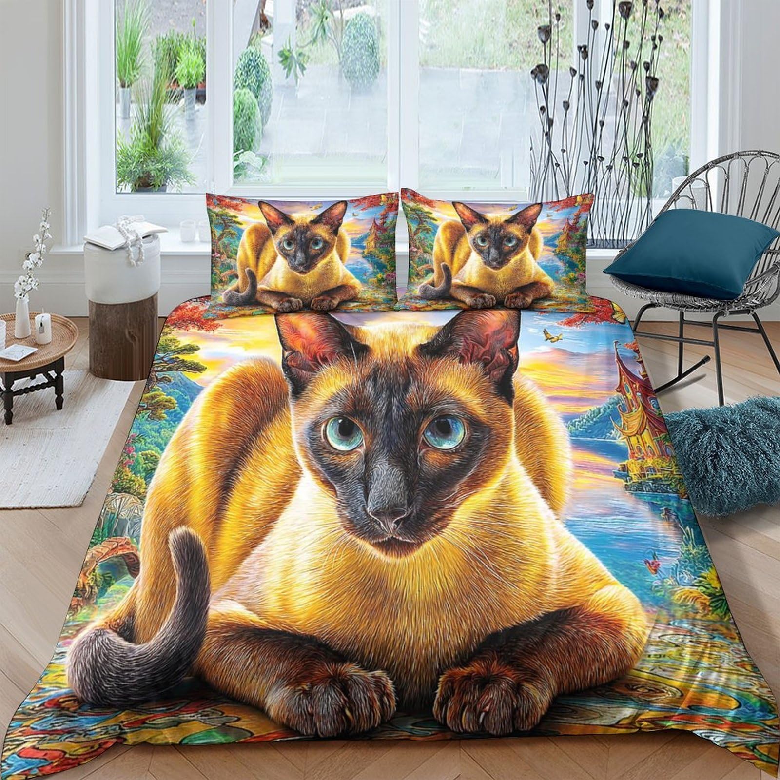 Housse de couette chat siamois en microfibre super douce et respirante 3 pièces 260x220cm