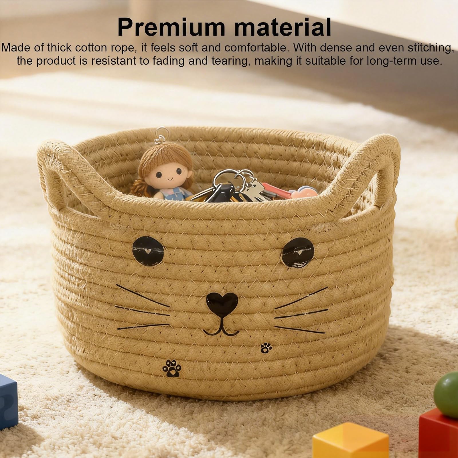 Cestas Almacenaje Pequeña, Cesta de Almacenamiento con forma de gato, Cestas Bebe de Cuerda de Algodón, aprox. 21 x 12 cm, para Guardar Toallas, Juguetes y Cosméticos (Color Caramel)