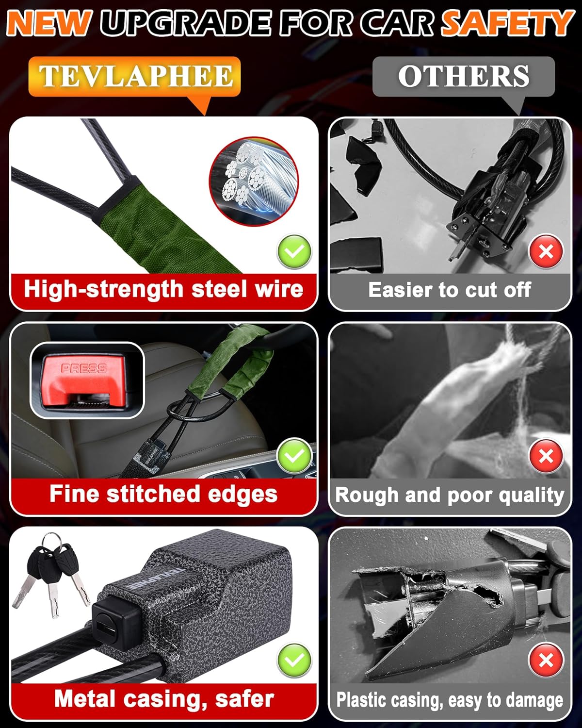 Tevlaphee Steering Wheel Lock Seat Belt Lock Universal Anti Theft Car Device Car Lock Car Theft Prevention with 3 Keys for Car Security Fit Most Vehicles Truck SUV Van (Green)