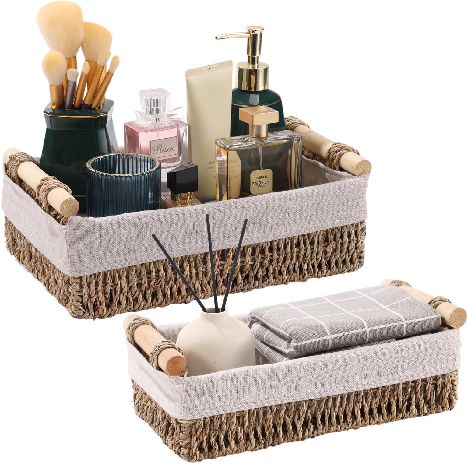 Storage Basket for Organizing, Wicker Baskets for Shelves, Storage Bins for Countertop, Toilet Storage Basket for Toilet Tank Top, with Wooden Handles and Natural Fiber Liner, Seagrass