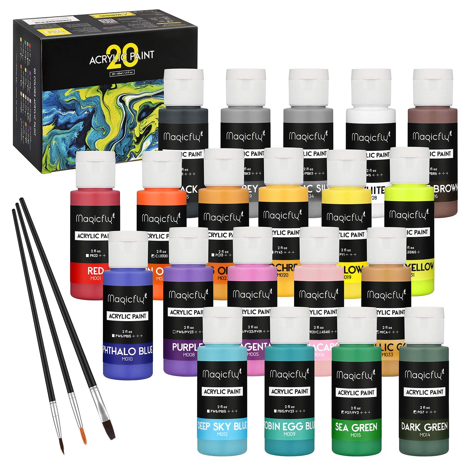 Magicfly 20 Colors Acrylic Paint Set (2fl oz/60ml Each), Professional