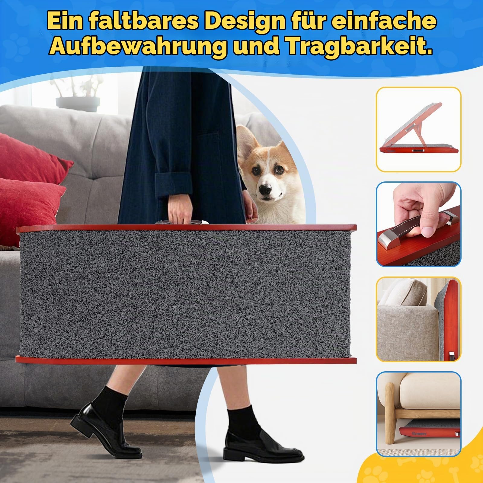 Hunderampe Hundetreppe für Hunde - Einstellbar 34-61,5 cm Spülschutz-Design Birkenholz Rampe Hund Klappbar für Bett Sofa Auto,Anti-rutsch Haustierrampe Haustiertreppe für kleine, große Hunde (XL)