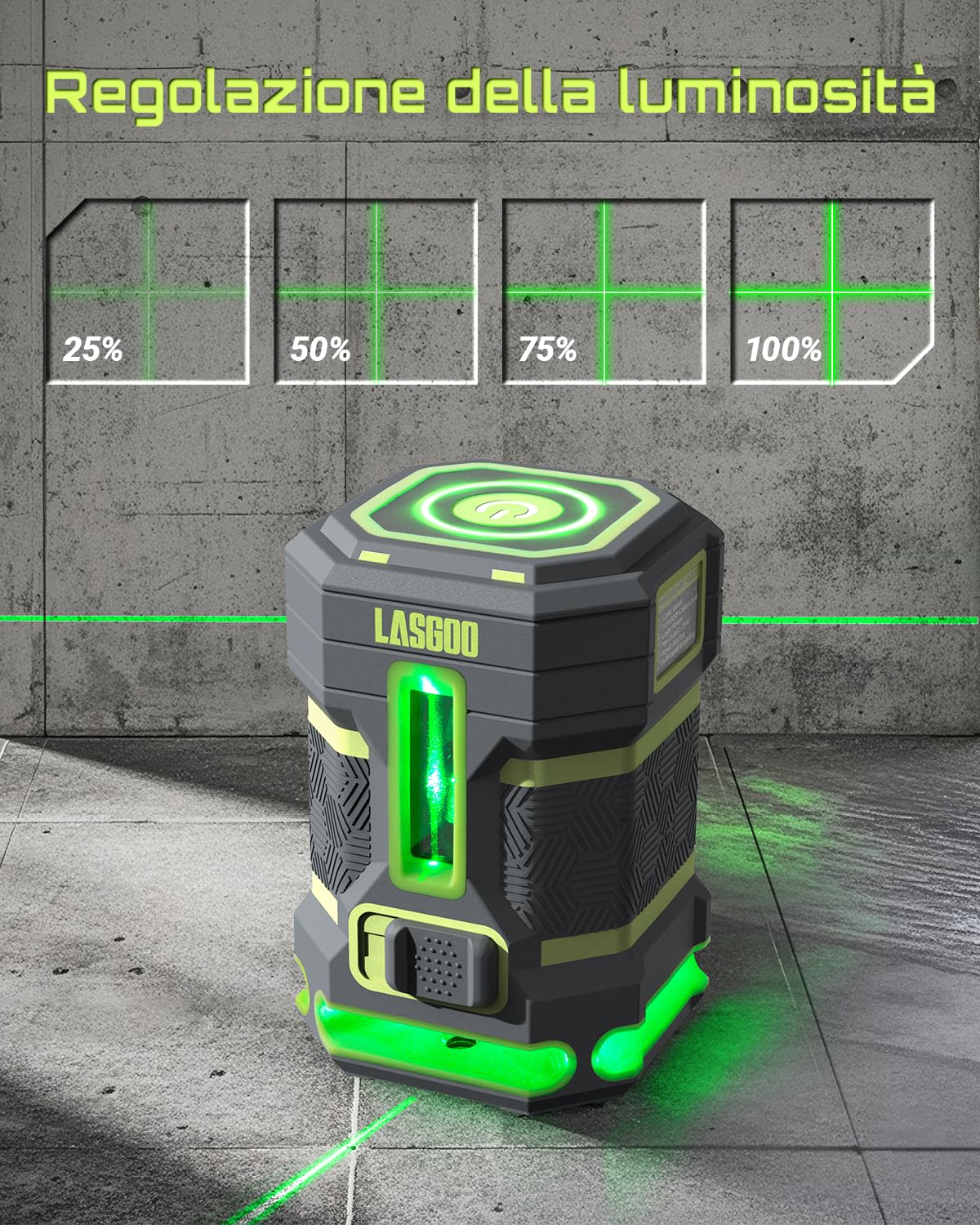 LASGOO Livella laser verde autolivellante, laser orizzontale 360° e linea verticale, 4 livelli di luminosità, modalità impulso, staffa a L, batterie e borsa incluse