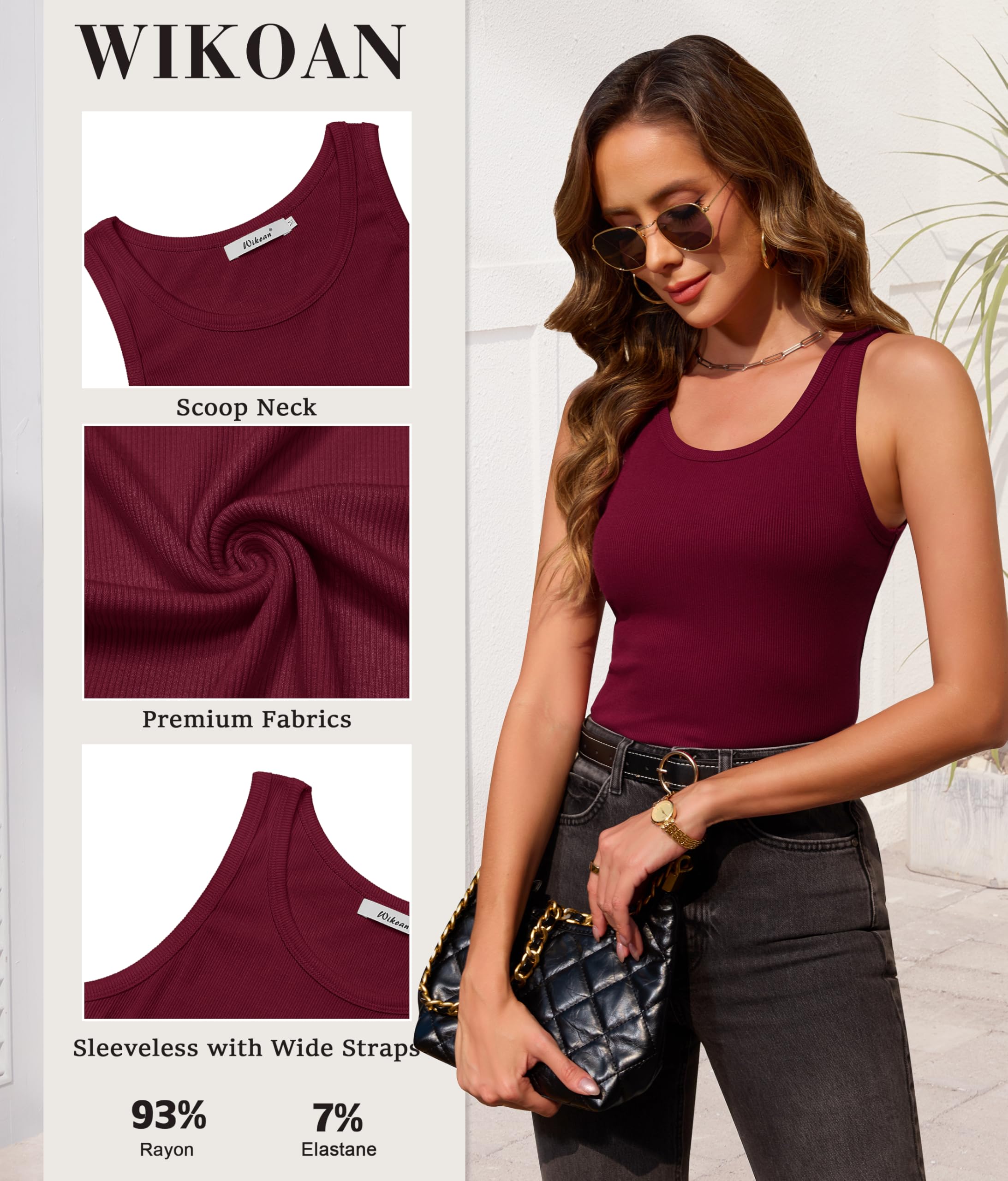 Wikoan Bezrękawnik dla kobiet prążkowany dzianinowy dekolt tank topy podstawowe wszechstronne koszule bez rękawów XS-XXL
