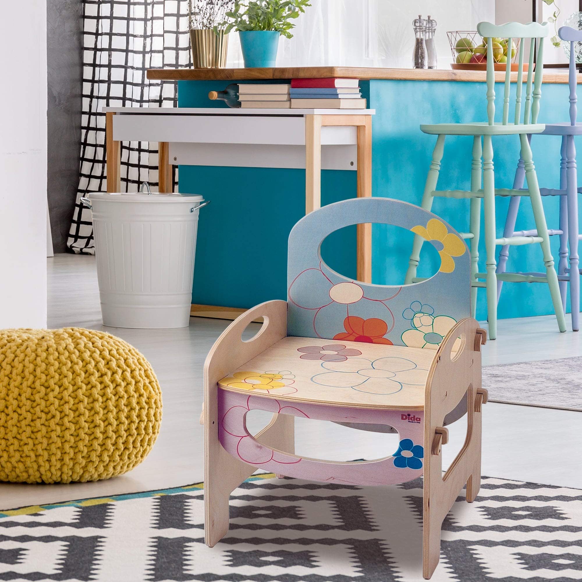 Dida - Stuhl Blumen, Montessori-Holzstuhl für Kinder im Alter von 2 bis 4 Jahren, Ideal für Kinderzimmer, Kindergärten und Spielbereiche, Elegantes, Farbiges und Sicheres Design