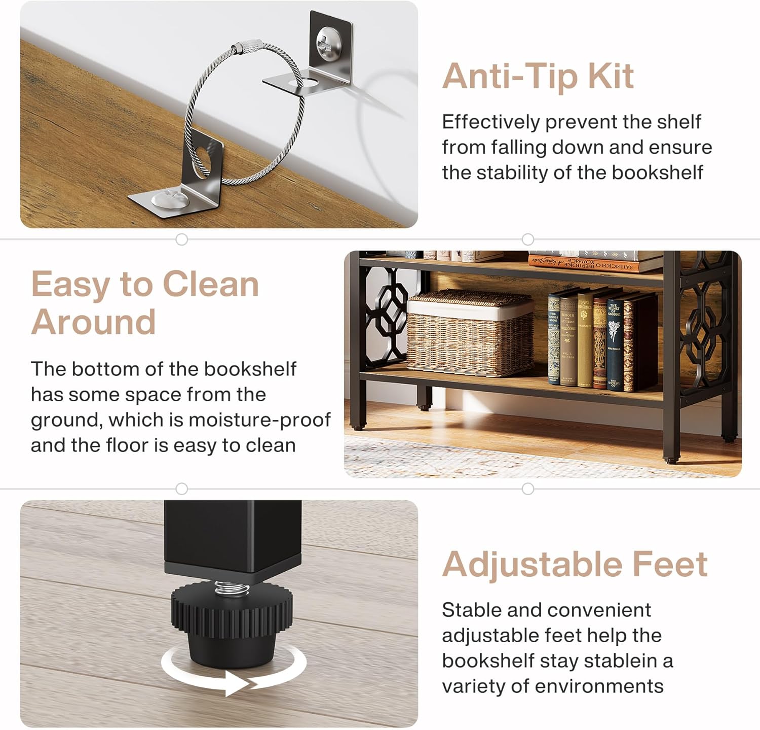 Close-up image showing the anti-tip kit, adjustable feet, and space under the bookshelf for easy cleaning.
