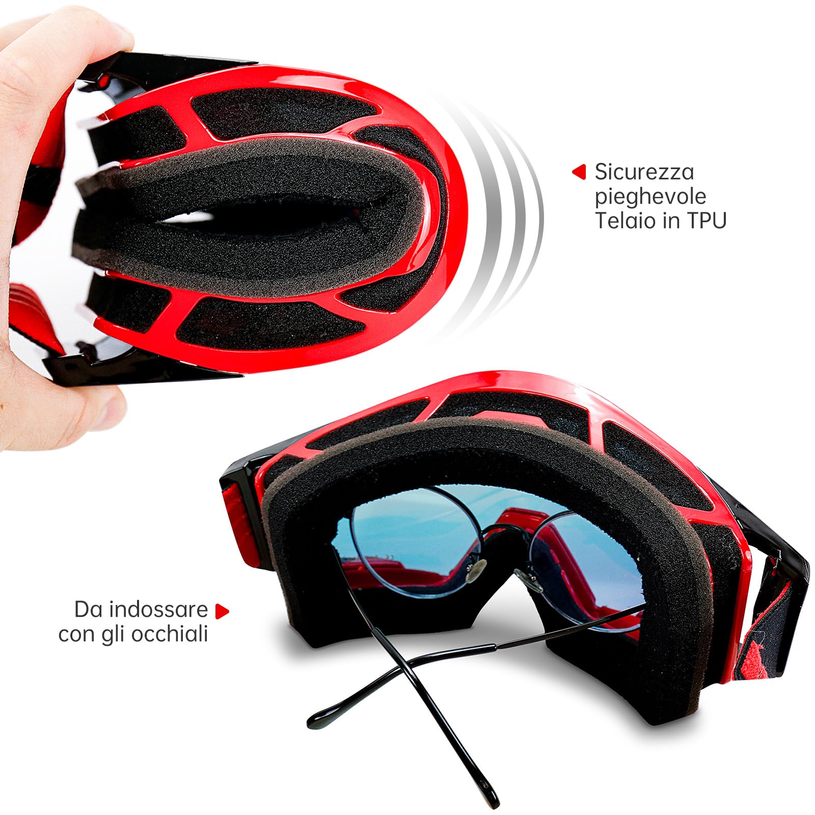 Occhiali Moto, Mascherina Motocross con protezione per il naso, Maschera Sci per uomo e donna, per gli sport all'aperto