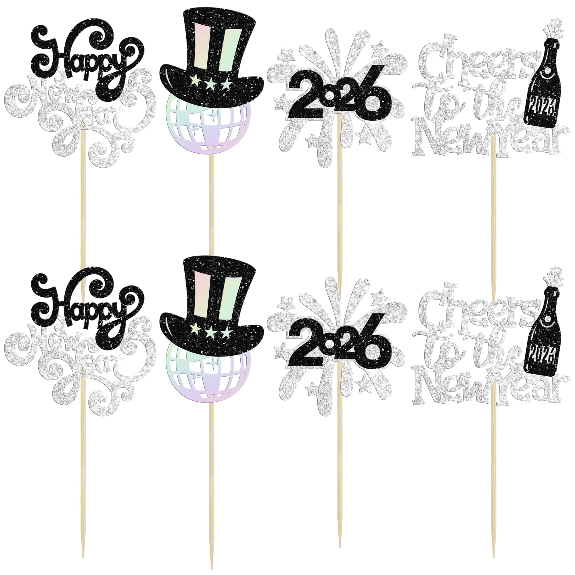 Ephlyn 24Pcs 2026 Happy New Year Cupcake Toppers Glitter Fireworks Cheers to 2026 Cupcake Picks for Welcome 2026 Happy New Year Theme Holiday Party Cake Decorations Supplies Laser Silver - Image 3