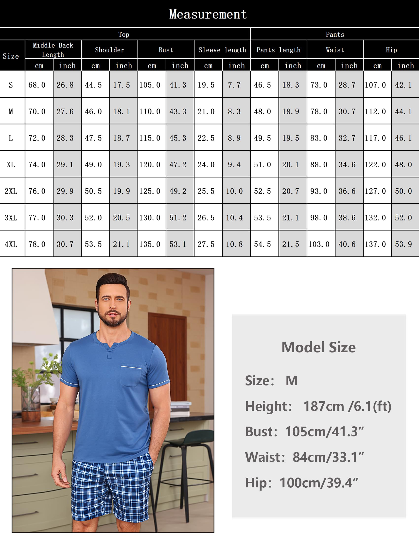 Bresdk Pijama Hombre Verano Conjunto de Pijamas con Camiseta de Manga Corta Algodón y Pantalones Corto a Cuadros con Bolsillos Suave y Cómodo S-3XL