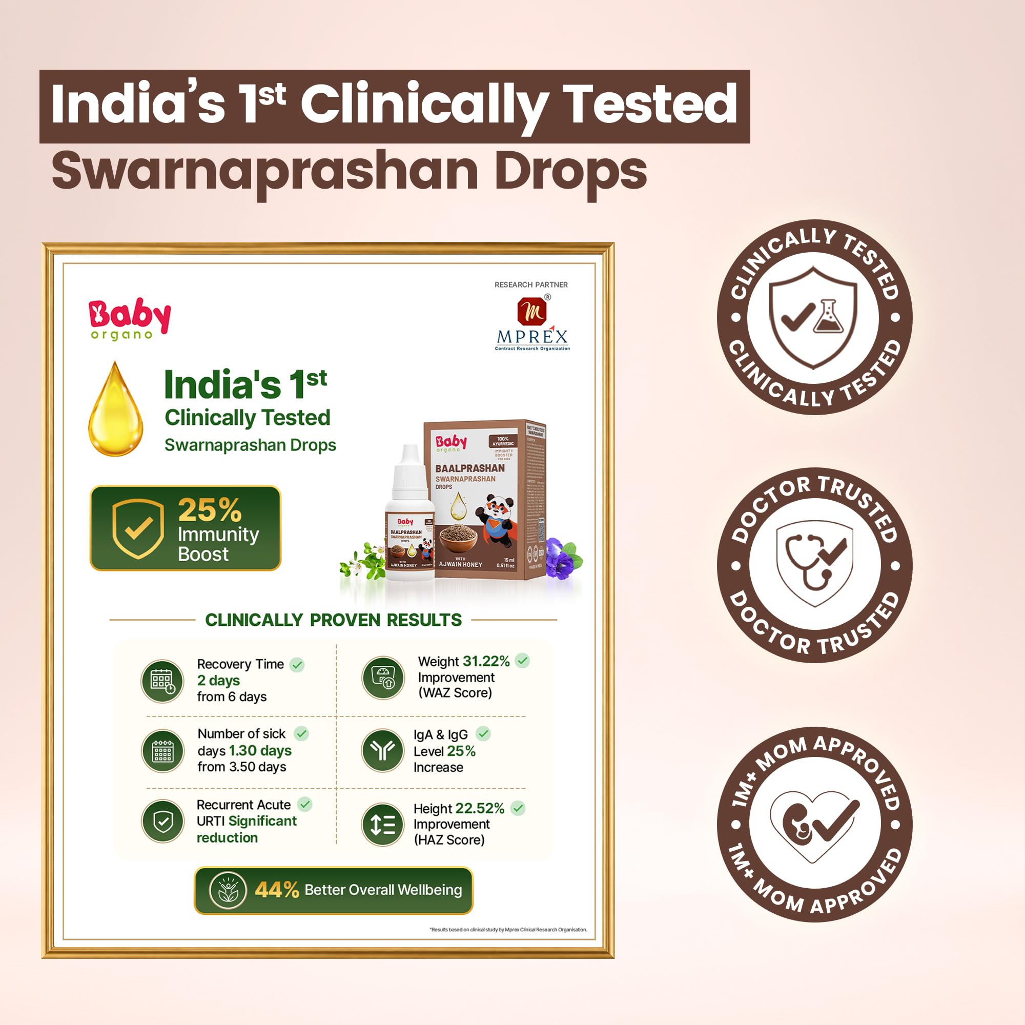 BabyOrgano Swarnaprashan Drops for Kids 0-15 Years | 24CT Swarna Bhasma, Brahmi, Shankhpushpi & Vacha | Clinically Tested Immunity Booster | For Brain & Growth | AYUSH Approved | Ajwain Honey | 15ml (Pack of 1) 2