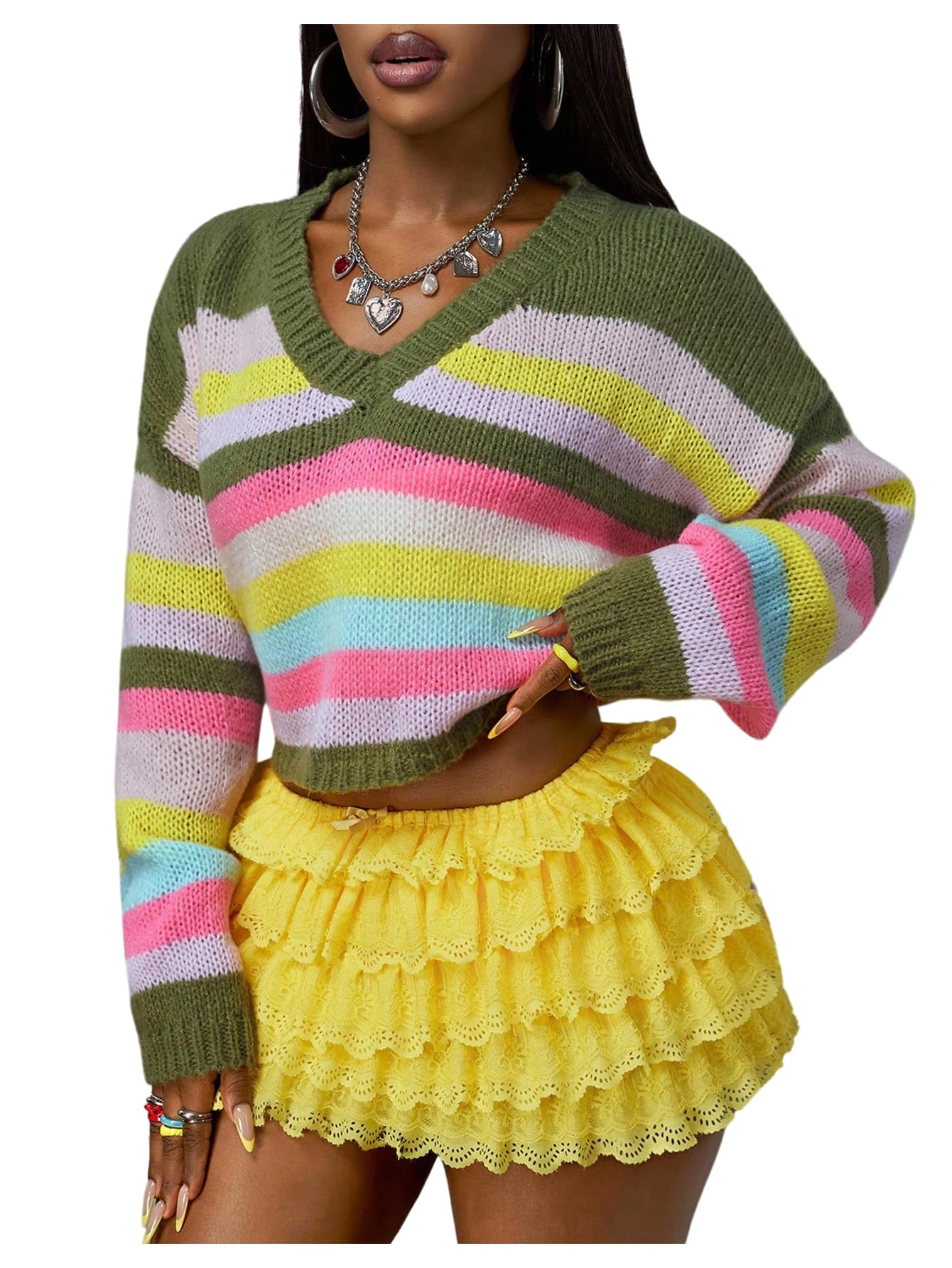 Womens Striped Knitted Sweaters V Neck Long Sleeve Crop Tops Pullover Jumpers