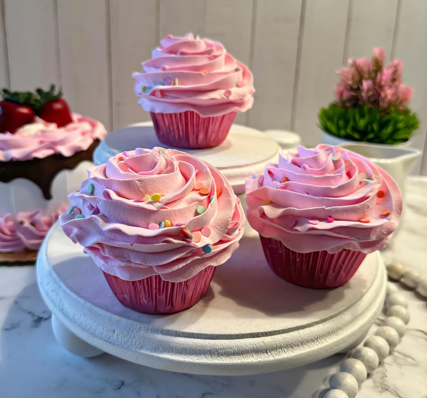 Fake Cake Cupcakes- Pink Confetti Birthday Cupcakes - Set of 3- Handmade by Dezicakes- Fake Cake -Artificial Cupcakes