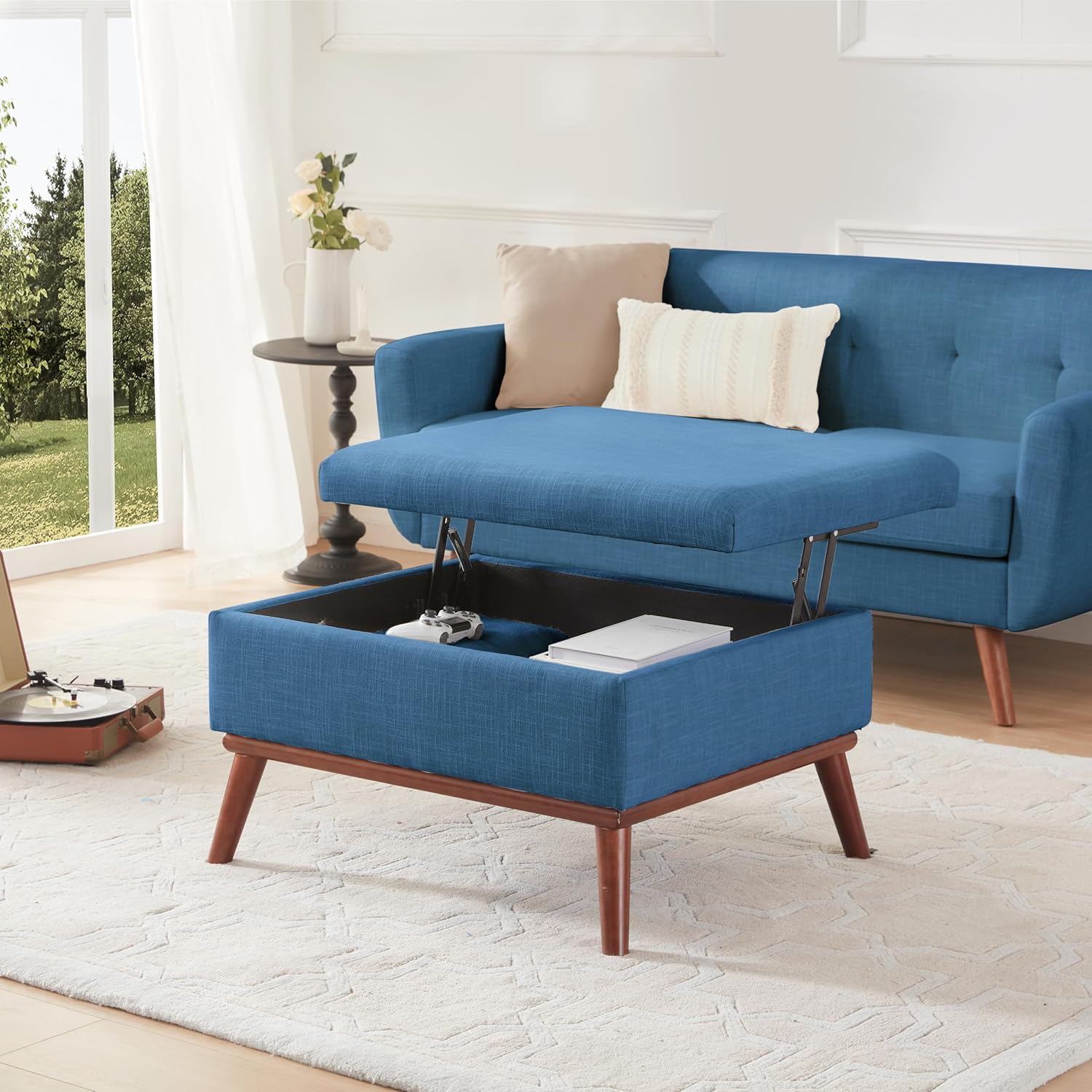 Kingfun 65" W Loveseat Sofa with Ottoman Coffee Table, Mid Century Modern Decor Love Seat Couches and Ottoman with Storage for Living Room, Button Tufted Upholstered Love Seats Furniture Set, Blue | linen fabric, button tufted, solid wood foot, pocket spring, wood slats frame