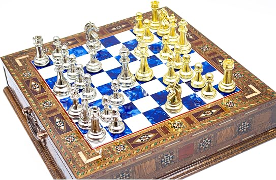 GrandGiftStore Handmade Chess Set with Drawer And Gold-Silver Chess Pieces, Wooden Chess Board with Storage, Premium Chess Set/Blue