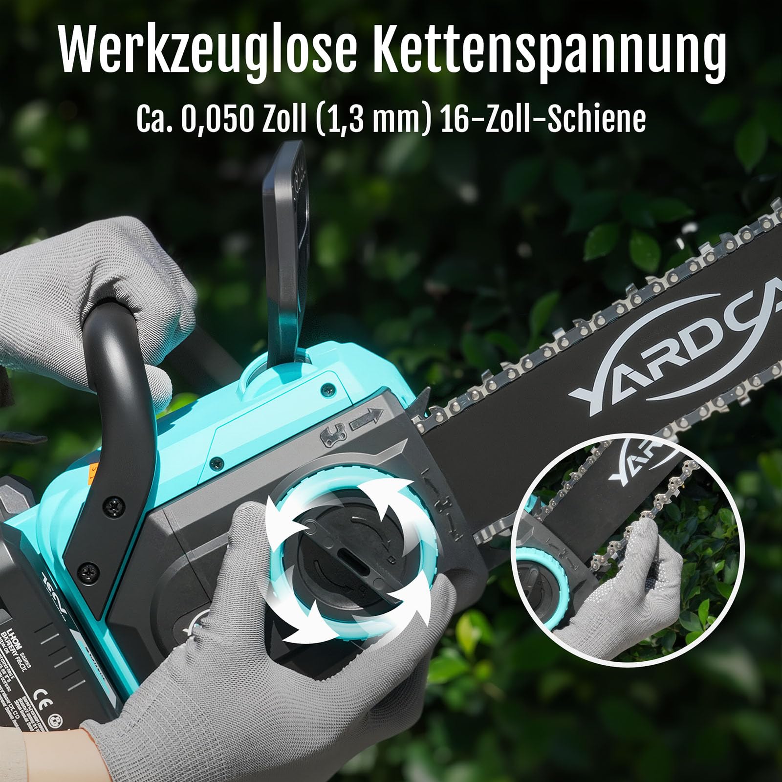 YARDCARE Akku-Kettensäge 16 Zoll, 1600 W Brushless-Motor, Kettengeschwindigkeit 21 m/s, mit LED-Display und 2× 4-Ah-Akkus, werkzeuglose Kettenspannung und automatische Schmierung