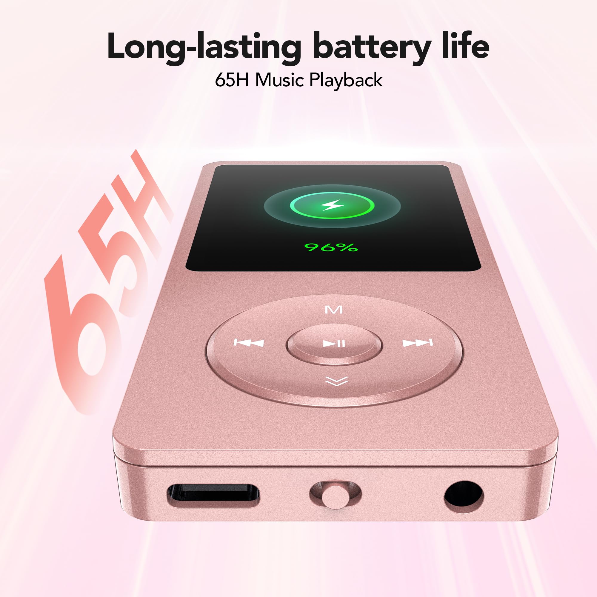 AGPTEK A02PL Reproductor MP3, 70 Horas de reproducción, Reproductor de música con Sonido sin pérdidas, admite hasta 128 GB (Oro Rosa, 64GB)