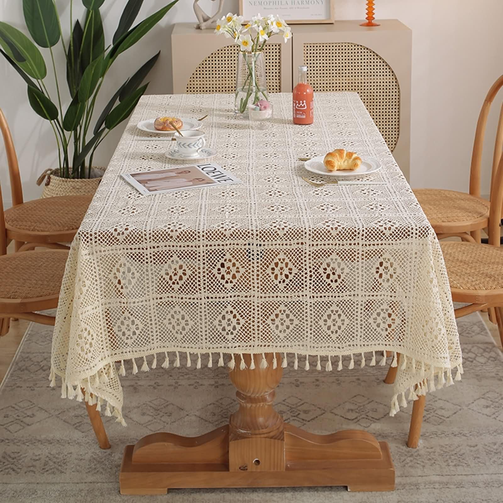 Tovaglia Quadrata Reticolo Cavo con Nappe Tovaglie Cucina Poliestere Beige,180x180CM