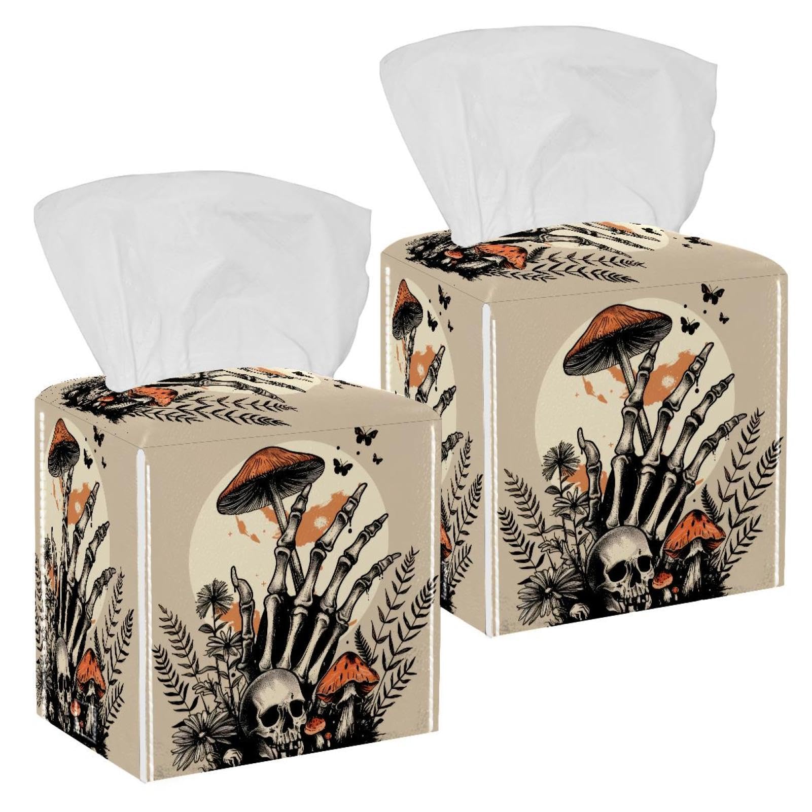 Mushroom Skeleton Hand Butterfly Tissue Box Cover, 2 Pack PU Leather Square Facial Tissue Dispenser Box holder for Home Office Car