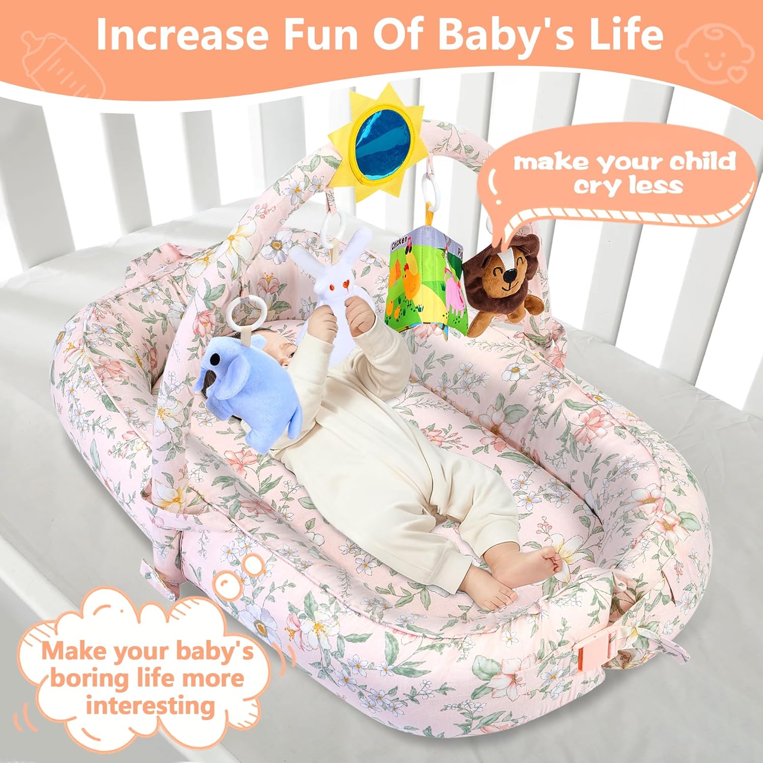Portable Baby Lounger For Travel,Breathable & Comfortable 100% Cotton Infant Lounger, Baby Nest 0-24 months Machine-Washable Newborn Lounger,Newborn Essentials (Pink, Baby Lounger With Toys) - Image 2