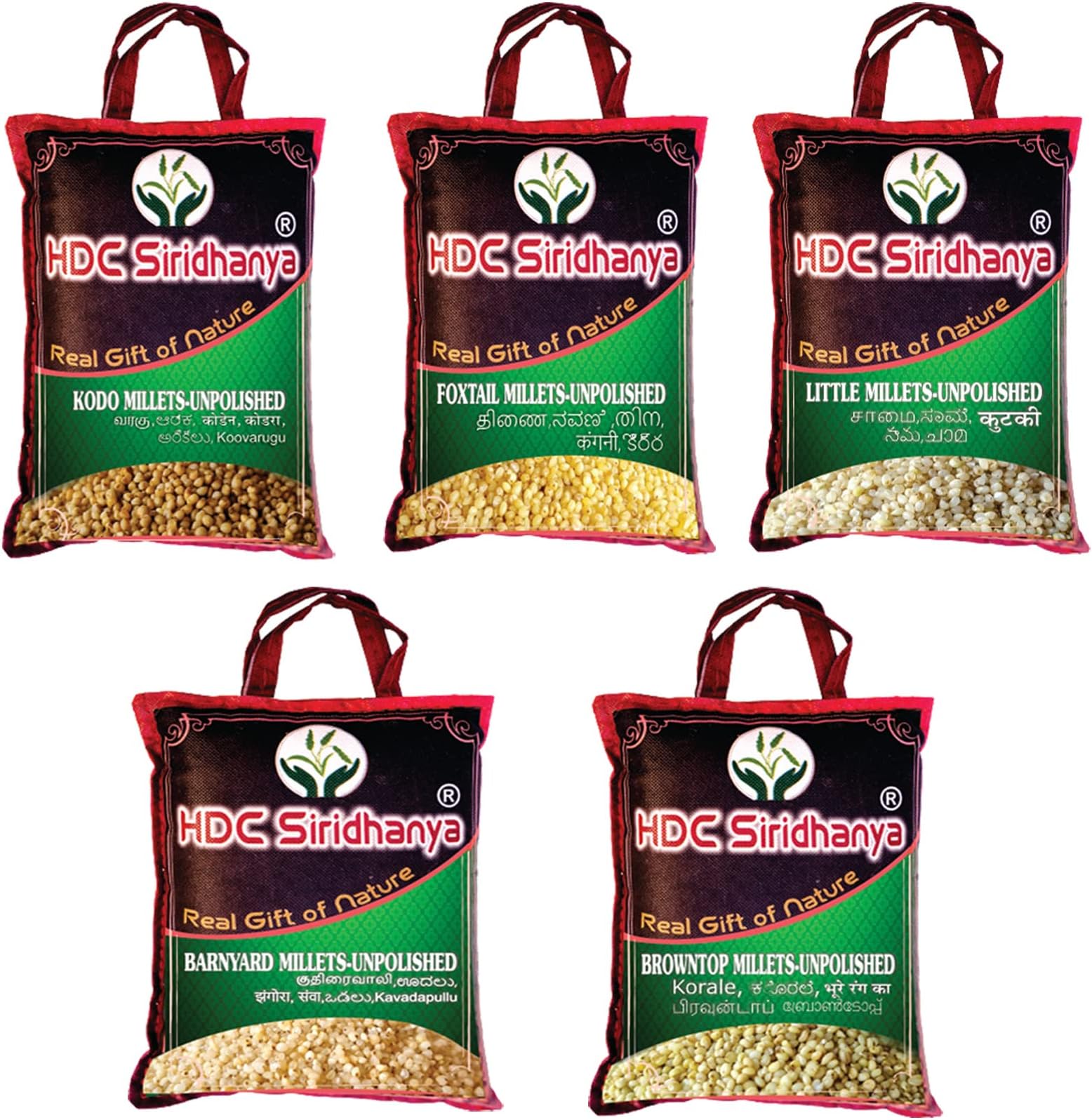 Unpolished 5 positive Hulled Millets Combo Pack of 5, [Little, Foxtail, Kodo, Barnyard, and Browntop Naturallry grown from india (total wt. 3.85 lbs pack of 5) each 350g Vacuum packed in Bag
