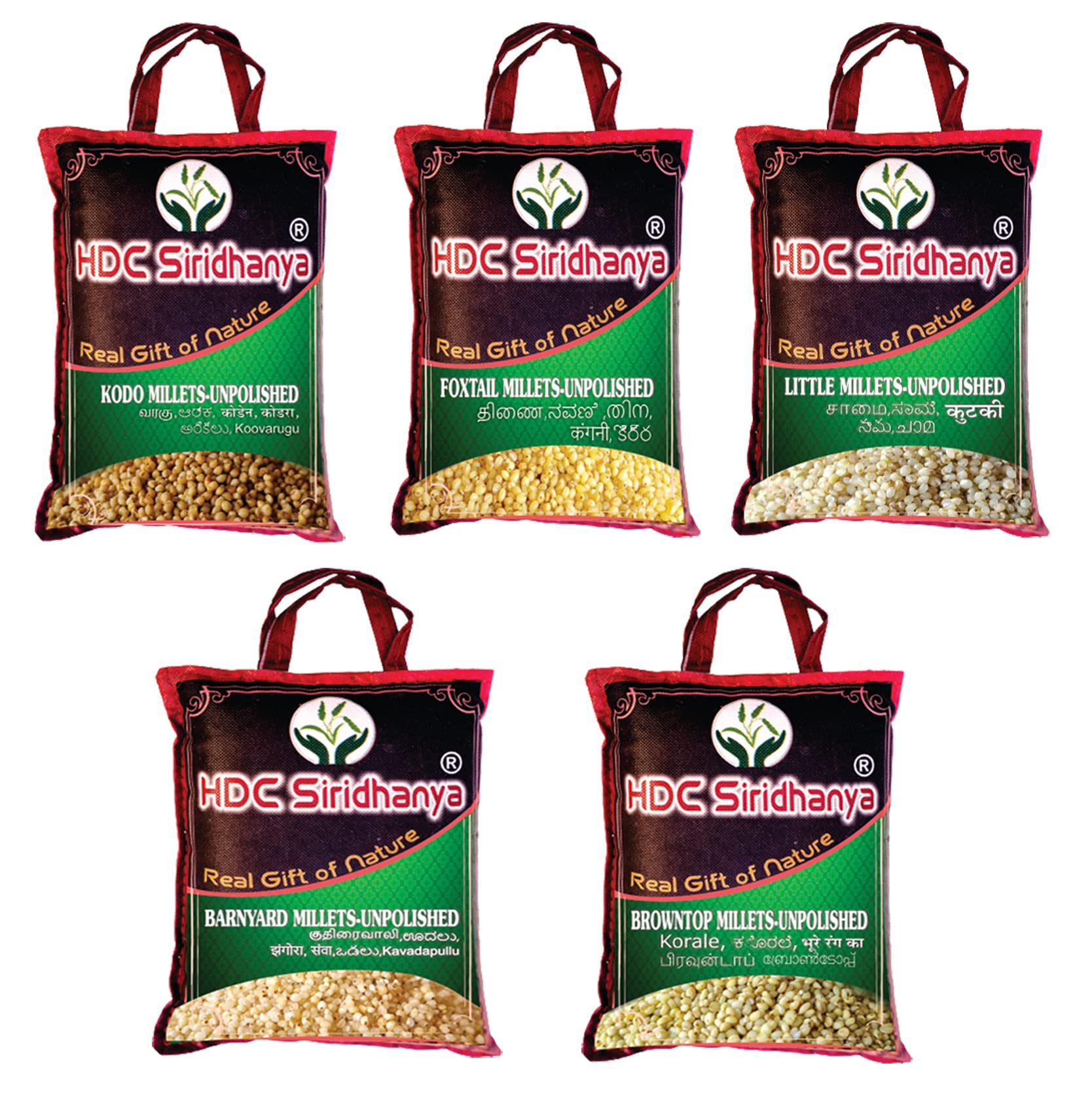 HDC Siridhanya Unpolished 5 positive Hulled Millets Combo Pack of 5, [Little, Foxtail, Kodo, Barnyard, and Browntop Naturallry grown from india (total wt. 4.4 lbs pack of 5) Vacuum packed in BagUSDA Organic[Amazon-developed Certification] Compact by Design