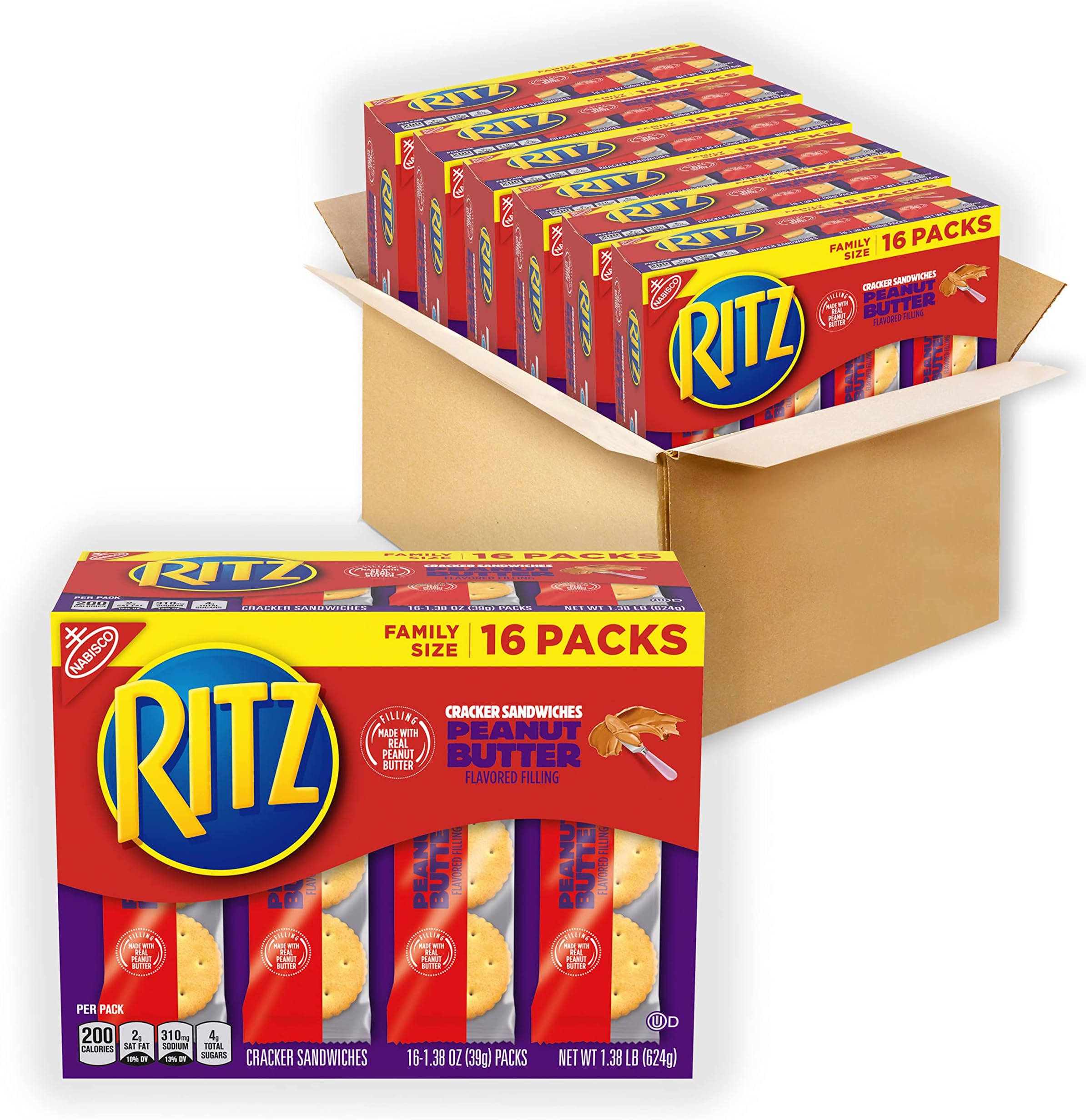 Peanut Butter Sandwich Crackers, 96 Snack Packs (6 Boxes, 6 Crackers Per Pack)