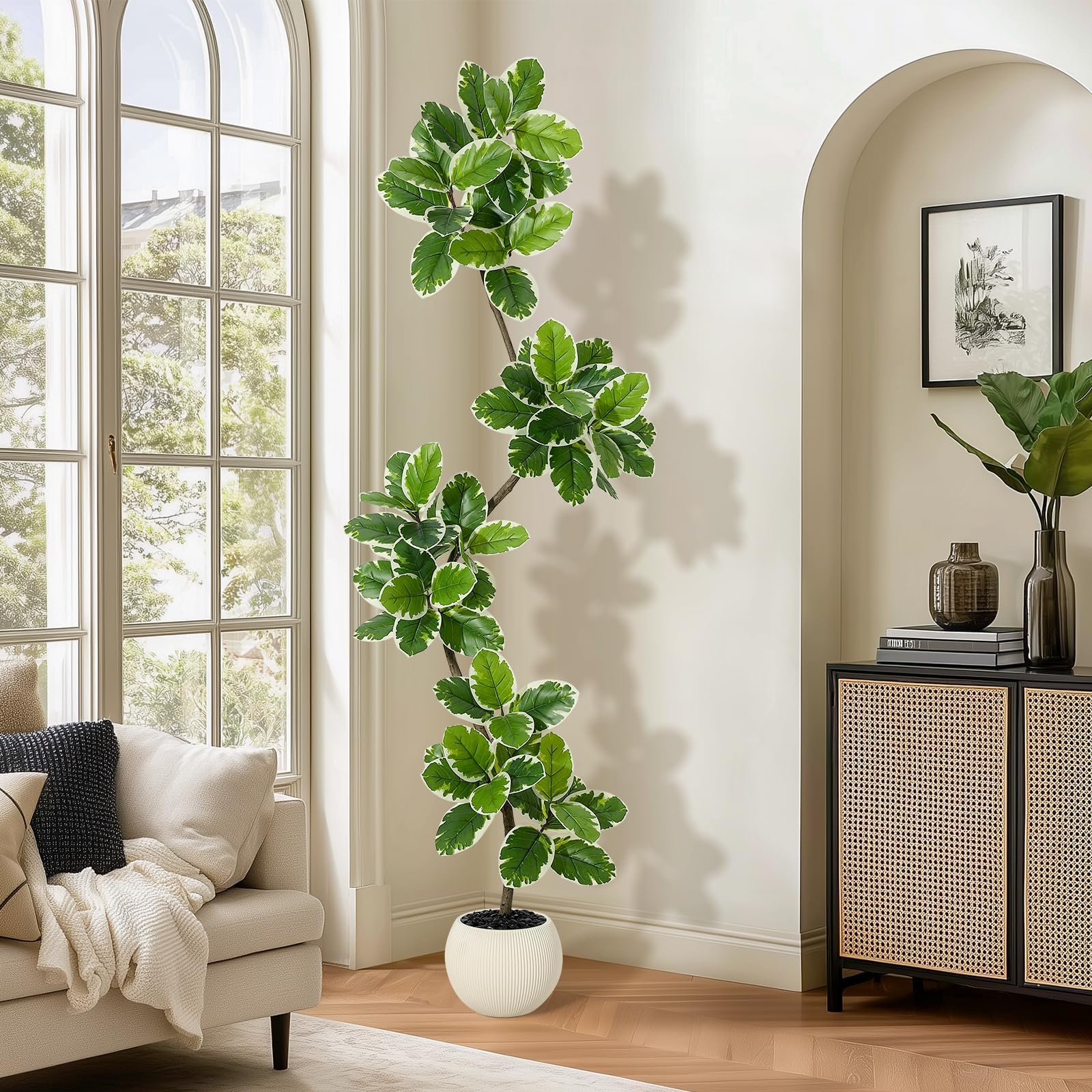 Pianta Finta Ficus Lyrata Variegata Alta - Pianta Decorativa Interna Realistica con Vaso Ceramica, Pianta Artificiale Senza Manutenzione per Arredamento Salotto, Camera o Ufficio