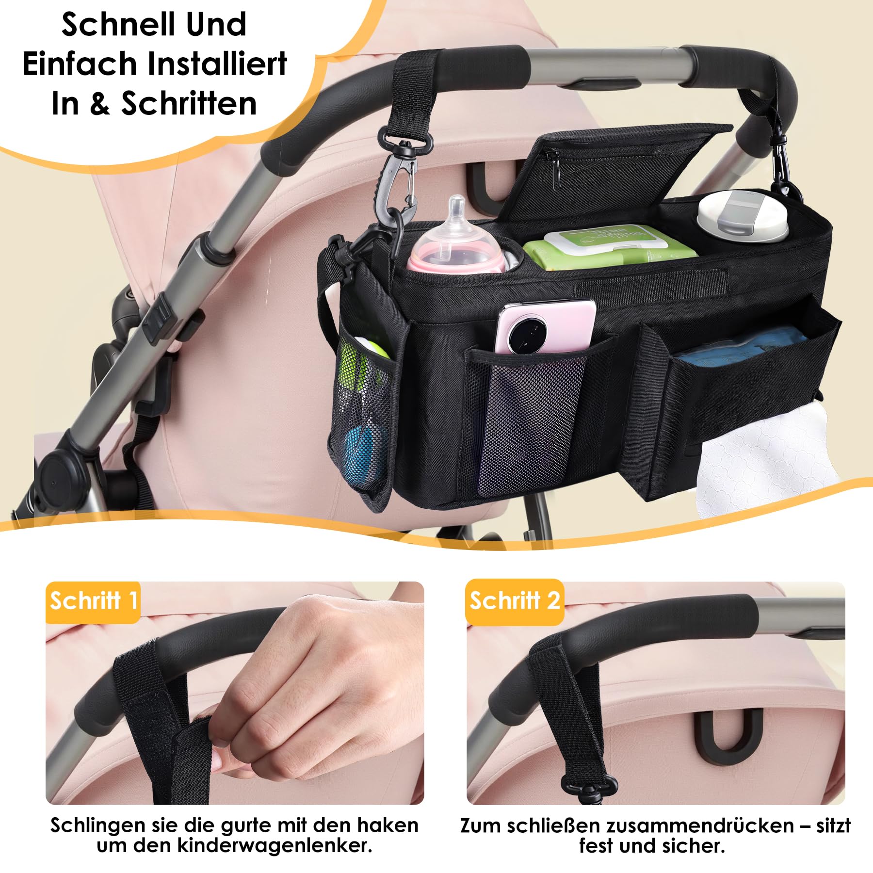 Universal Kinderwagen Organizer mit isolierten Getränkehalter/Becherhalter, Verstellbare Baby Buggy Kinderwagentasche für Windeln & Handys, Baby Kinderwagen Schultergurt & Zubehör (Schwarz)