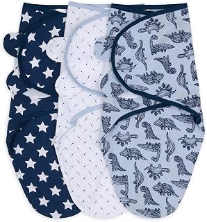 Peanutshell Dinosaur Swaddle Blankets Set of 3 - Soft Breathable Cotton Baby Sleep Sacks Newborn 0-6 Months Blue Boy M/L