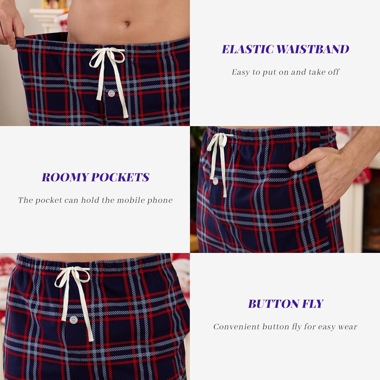 Vulcanodon Mens Soft Plaid Pajama Pant, Fleece Lightweight Sleep Lounge Bottoms with Pockets and Button Fly - Image 3