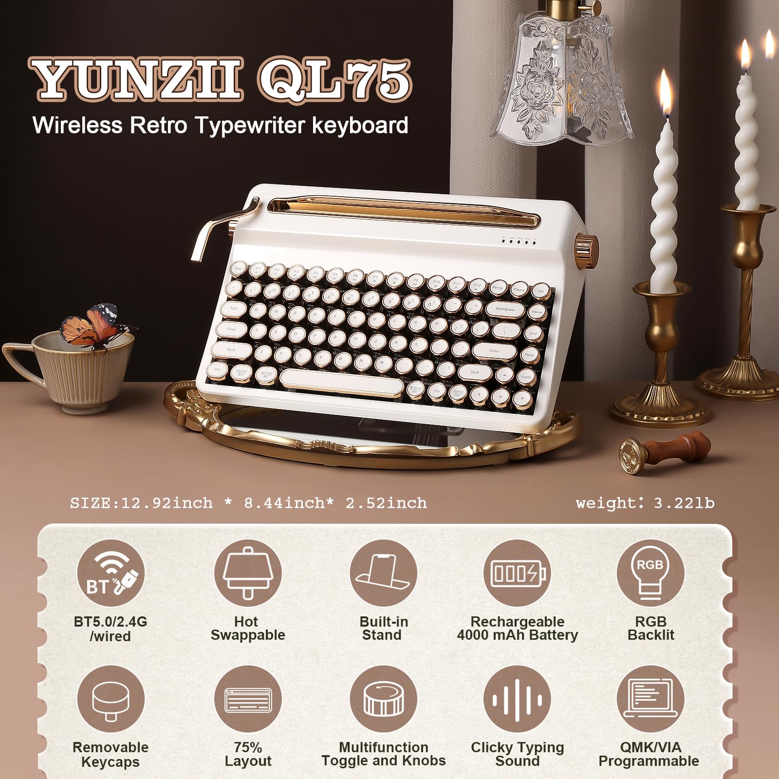 YUNZII QL75 Clavier Mécanique Rétro sans Fil Hot-Swap, Keycaps Rondes Punk, RGB Programmable QMK/Via, Tri-Mode (2.4GHz/BT5.0/USB-C), Multi-Appareils (Blanc, Cocoa Cream V2 Linear)