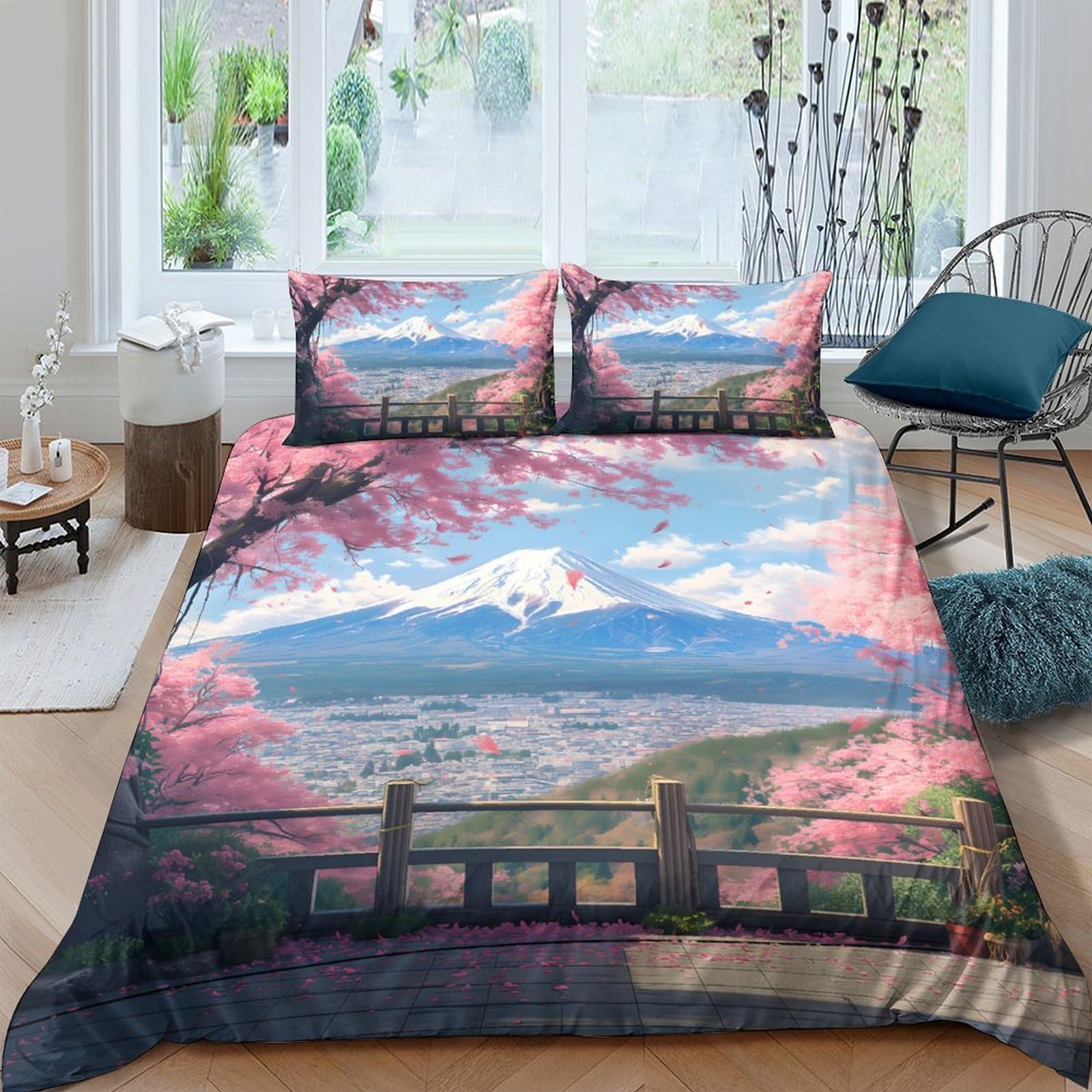 Ctjqhvkz Style-2 3D Printed Sakura Mount Fuji Fitted Sheet Microfiber Soft Breathable Sunset Landscape Mattress Cover For Bedroom Decor Single（135X200cm）