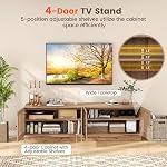 Giantex Farmhouse TV Stand for TVs up to 75", 4-Door PE Rattan Entertainment Center w/ 2 Cabinets, Adjustable Shelves, 8 Cable Holes, Mid Century Modern Media Console Table for Living Room, TV Cabinet
