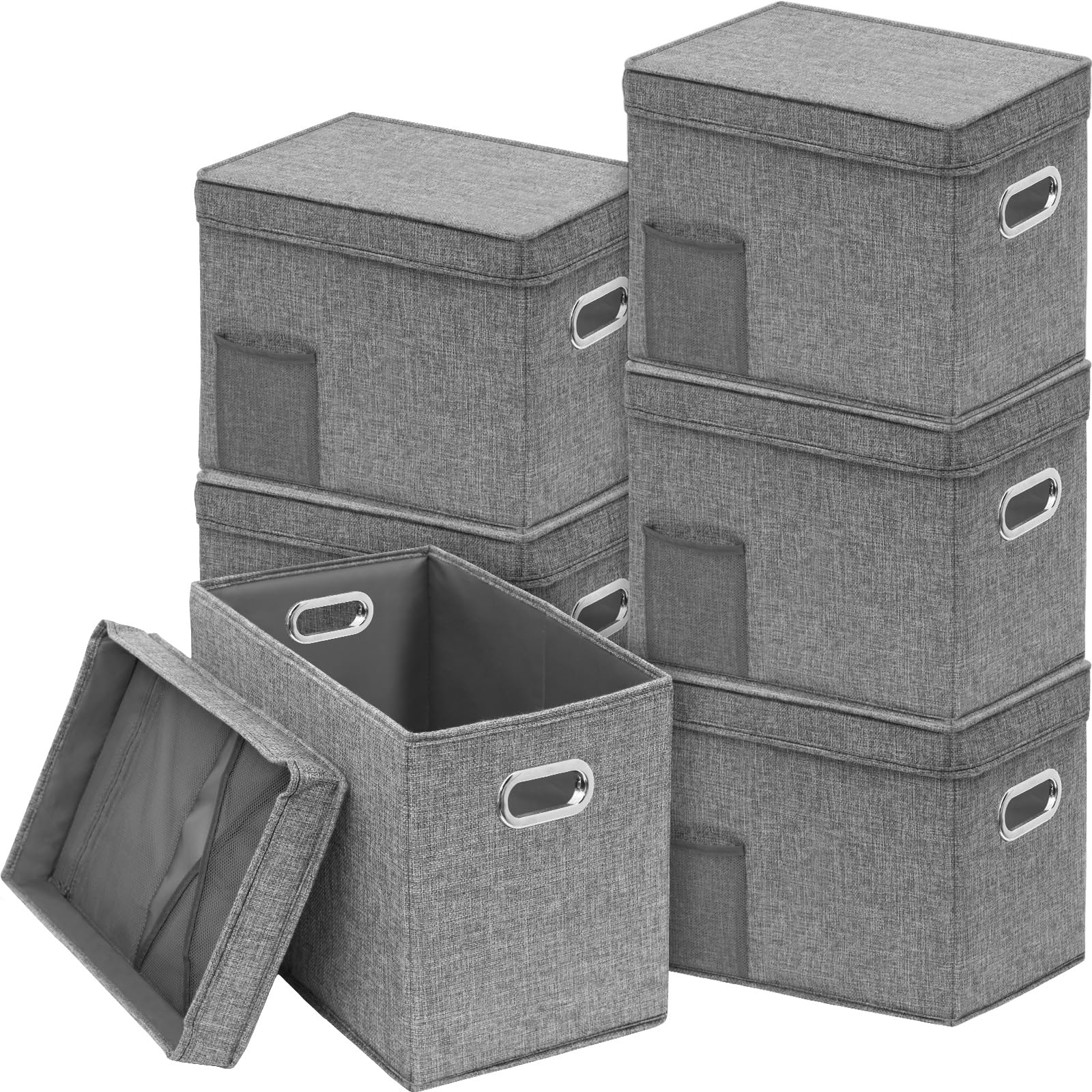 Photo 1 of Sadnyy 6 Pcs Filing Organizer Box 13.78 x 8.66 x 10.63 Inch Linen File Boxes Organizer with Lids Large Capacity File Folder Storage Letter Size File Holder for Office School