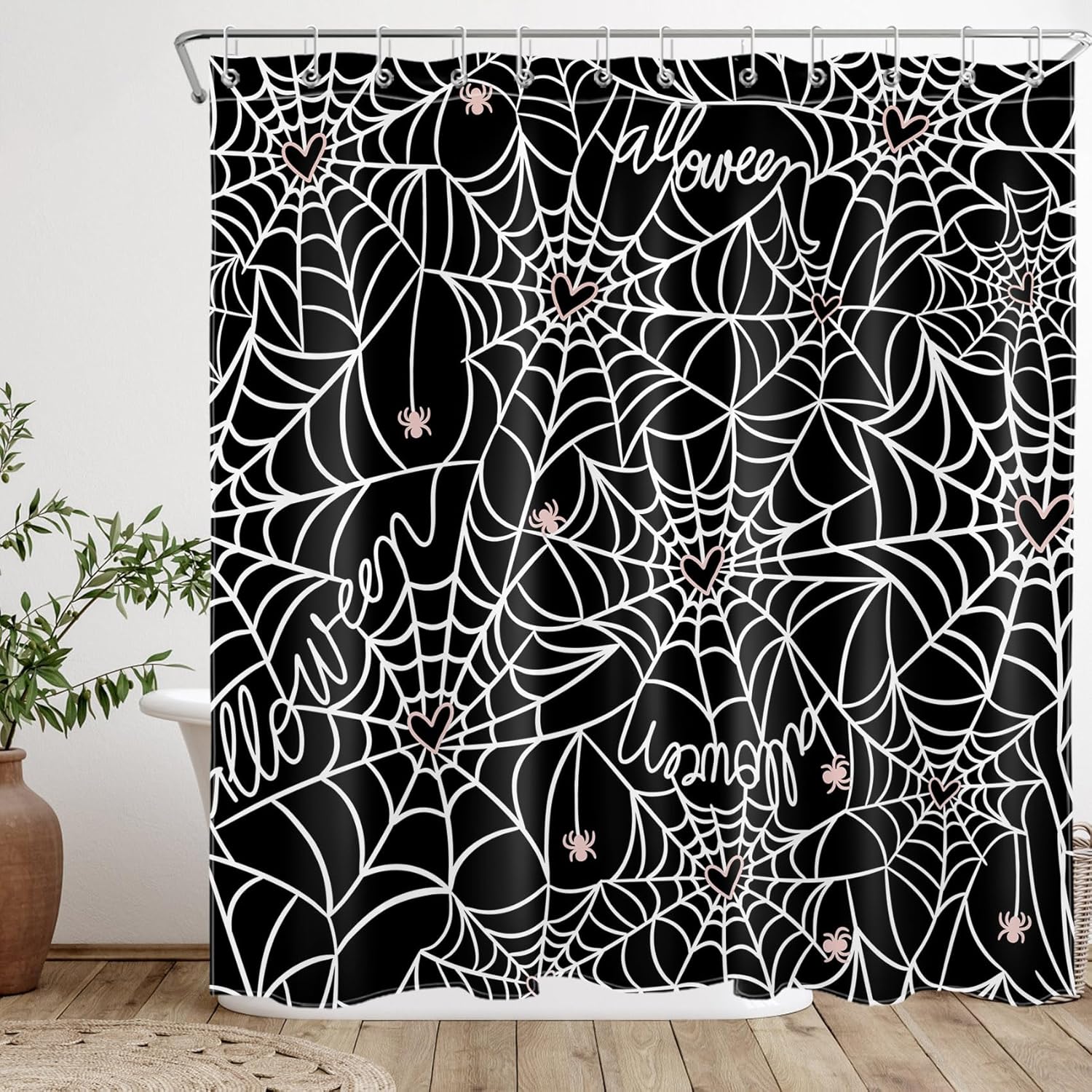 Halloween Spider Web Shower Curtain with Hooks, Pink Spider and Heart on Black Shower Curtain Horror Holiday Halloween Bathroom Decor Polyester Fabric Curtains Set, 72W x 78L inches