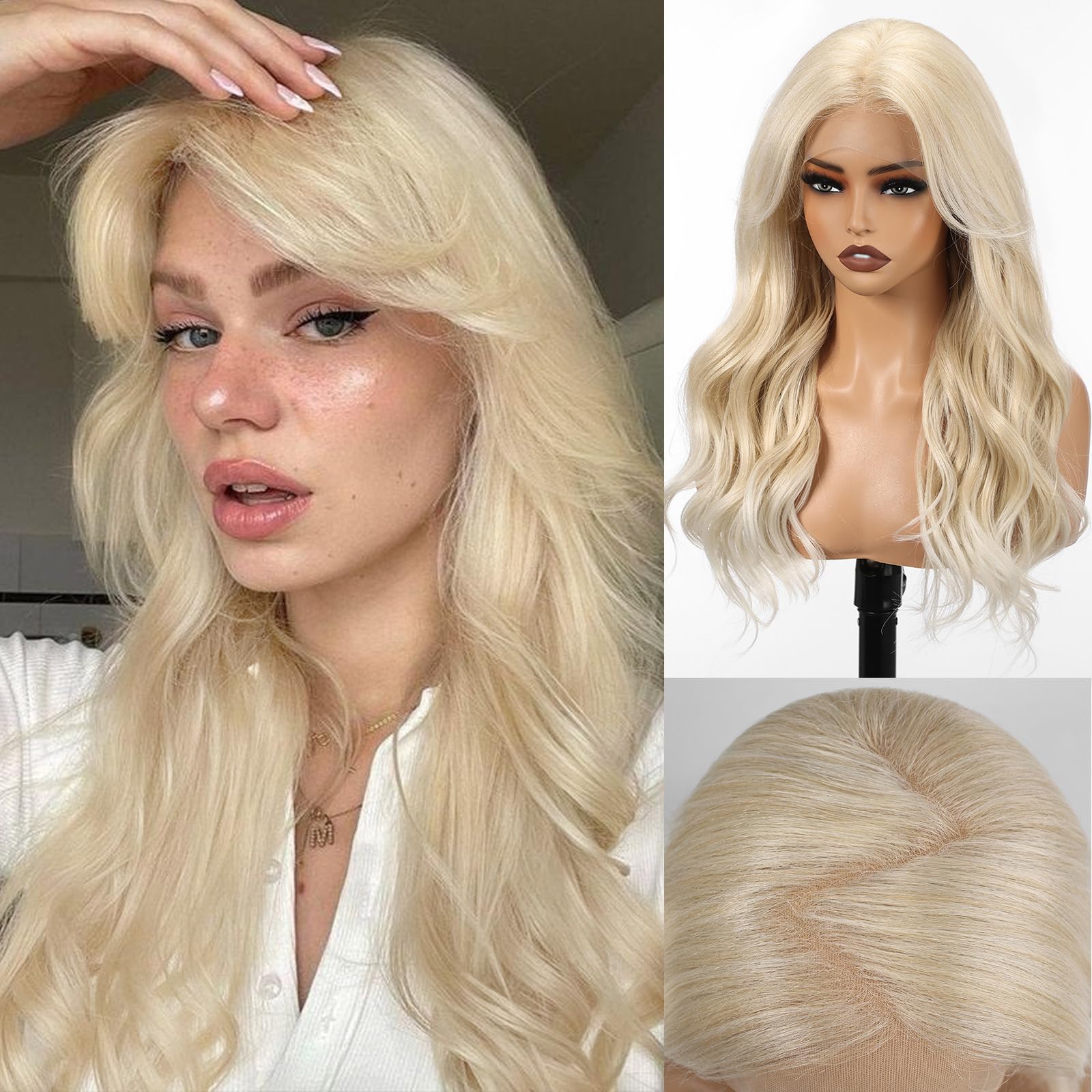 HAIRCUBE 13x6 HD Lace Front Wig Synthetic 22 Inch Platinum Blonde Long Wave Layered Glueless Wig for Women, Natural Look Daily Wear