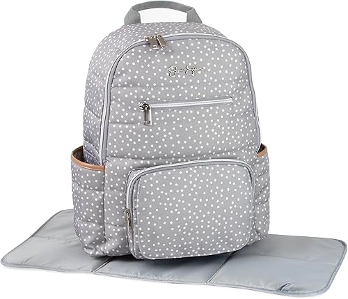 Miniatura 6 de Jessica Simpson Mochila de pañales gris con lunares con estación de cambiador portátil, correas de clip para cochecito, bolsillo para toallitas,