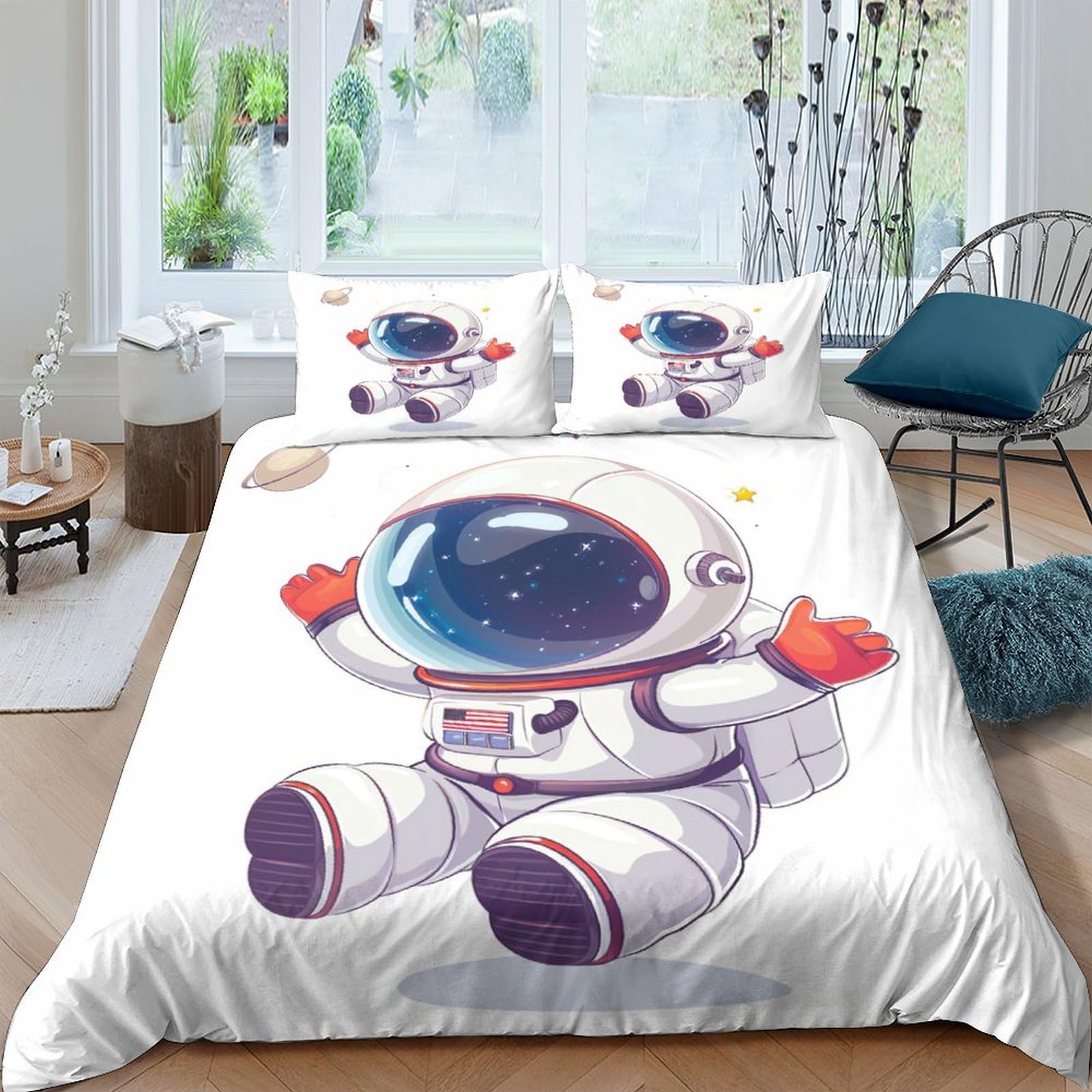 Cartoon Astronaut Comforter Covers 3D Print Space Planet for Teens And Adults Duvet Cover Quilt Cover Bedding Set with Pillow Cases with Zipper Closure Soft Microfiber 3 Pieces Double（200x200cm）